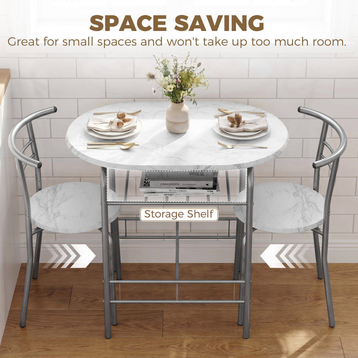 HOMCOM Three-Piece Compact Dining Set - White Marble Effect