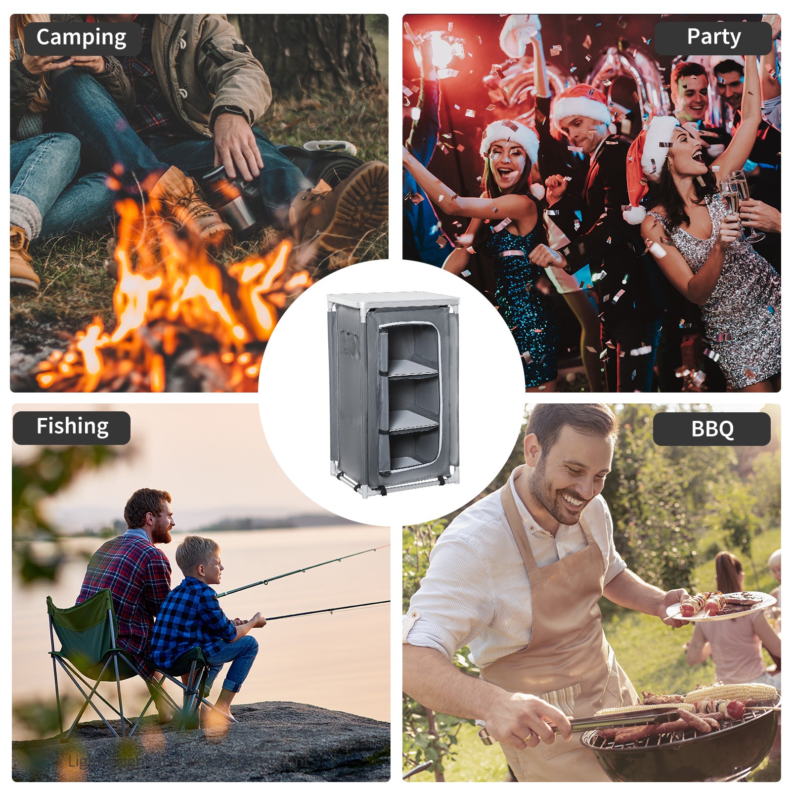 Outsunny 3-Shelf Camping Cupboard Camping Kitchen Station Cook Table, Storage Organiser for BBQ Party Picnics Backyards with Carrying Bag, Grey - North Peak Garden Furniture