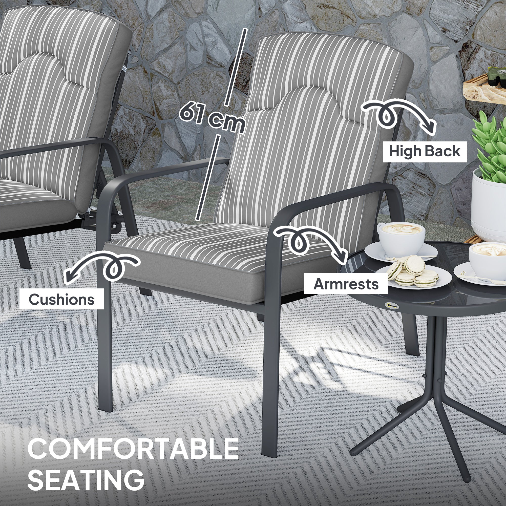 Outsunny 3-Piece Patio Bistro Set, 5-Position Adjustable Recliner Garden Chairs and Tempered Glass Table, Garden Furniture Set with Cushions, High Back, Armrests, Metal Frame for Balcony Patio, Grey - North Peak Garden Furniture