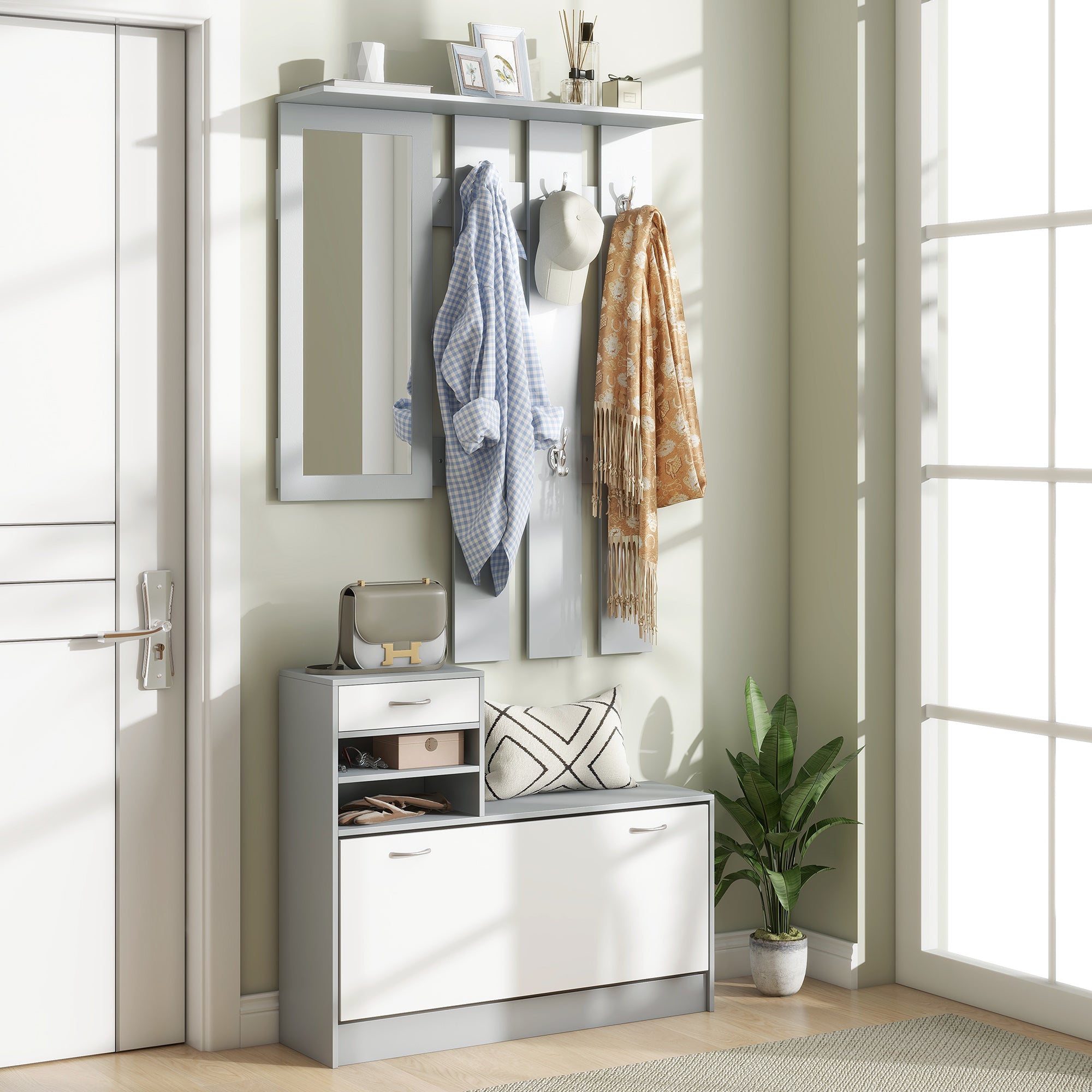 HOMCOM Three-in-One Hallway Storage Set - Grey/White - North Peak Garden Furniture