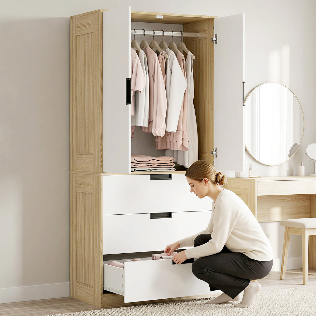 HOMCOM Modern Clothes Storage Cupboard Unit, 3 Drawer 2 Door Wardrobe with Hanging Rod, Oak