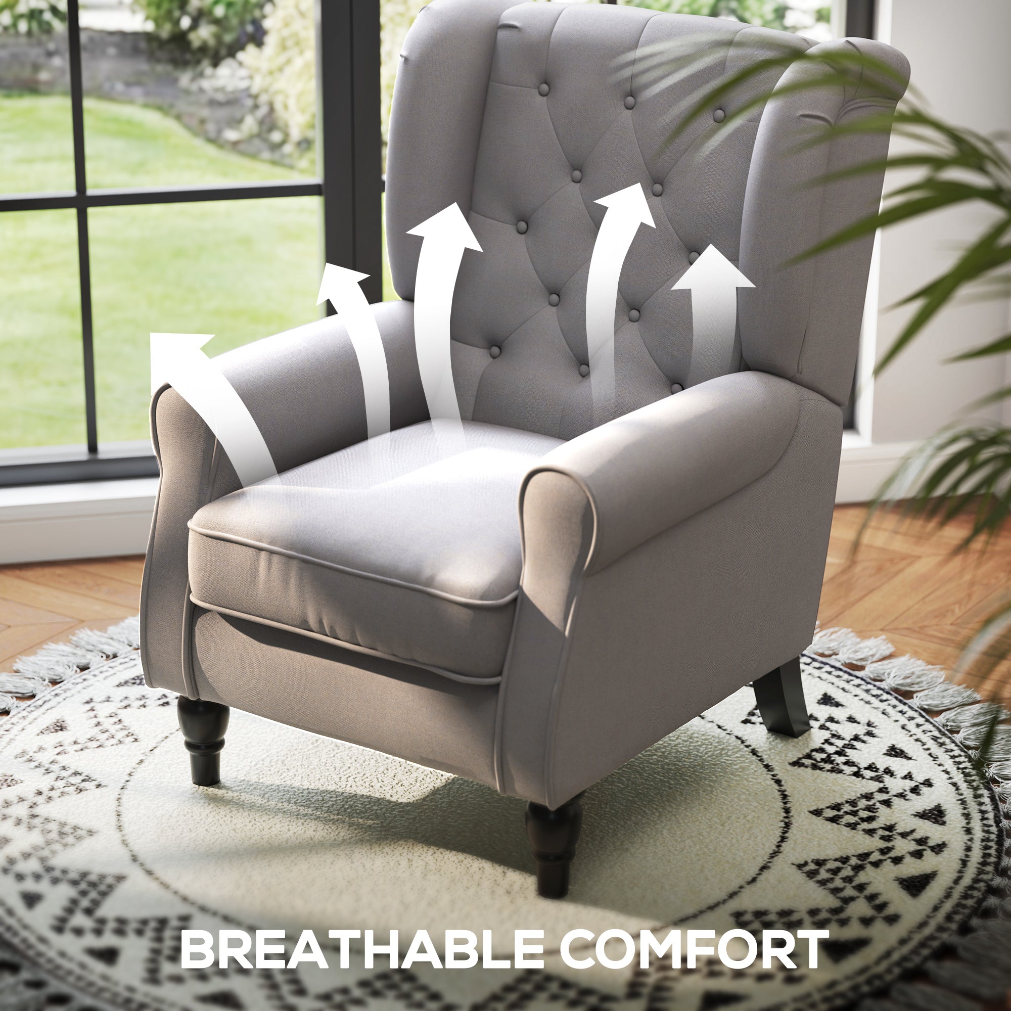 HOMCOM Retro Accent Chair, Wingback Armchair with Wood Frame Button Tufted Design for Living Room Bedroom, Grey - North Peak Garden Furniture