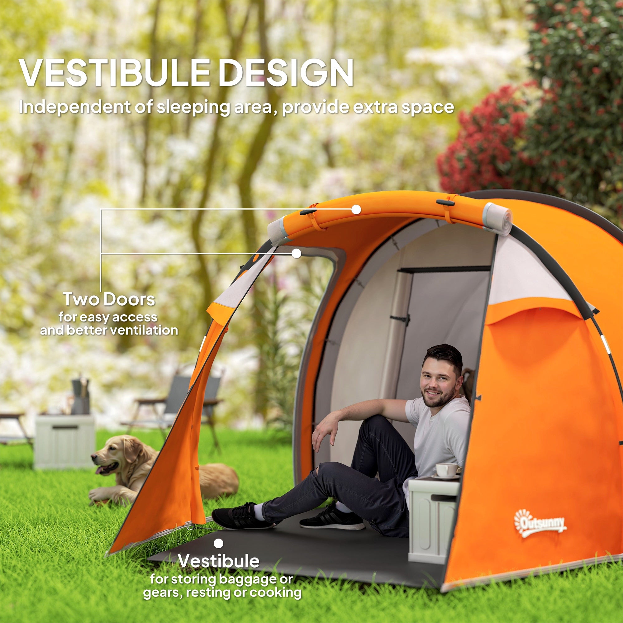 Outsunny 2-3 Man Tunnel Tents w/ Vestibule Camping Tent Porch Air Vents Weather-Resistant Shelter, Orange - North Peak Garden Furniture