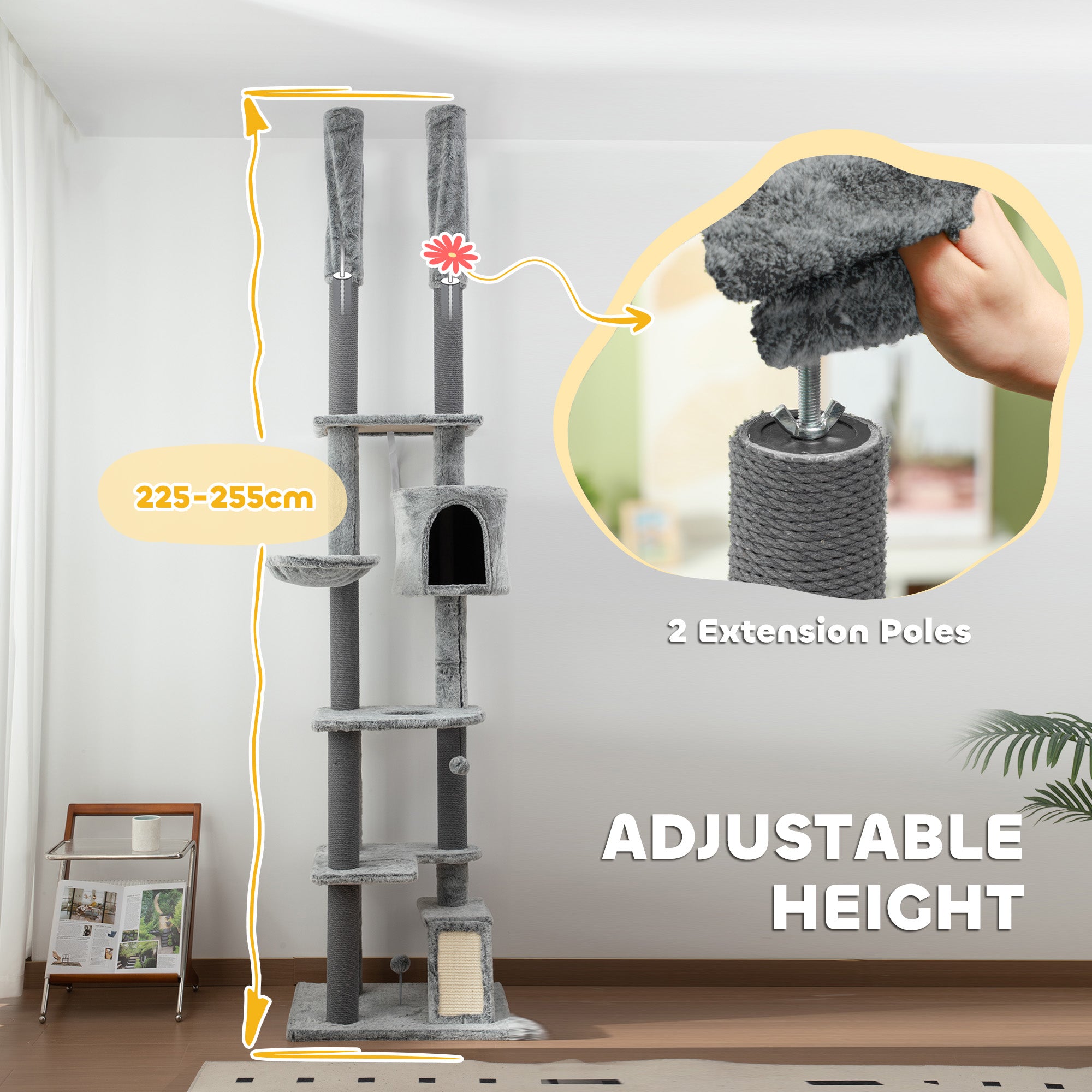 PawHut 225-255cm Height Floor-to-Ceiling Cat Tree Large Cat Tower w/ Cat Scratching Posts, Ramp, Condo - North Peak Garden Furniture