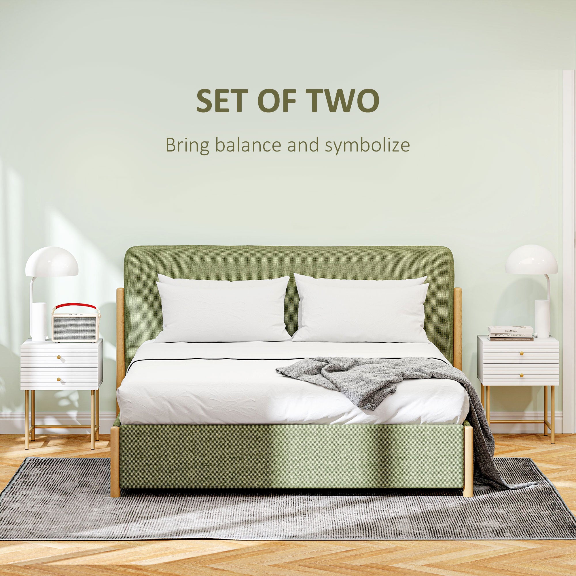 HOMCOM Set of Two Elegant Bedside Tables - White/Gold-Tone - North Peak Garden Furniture