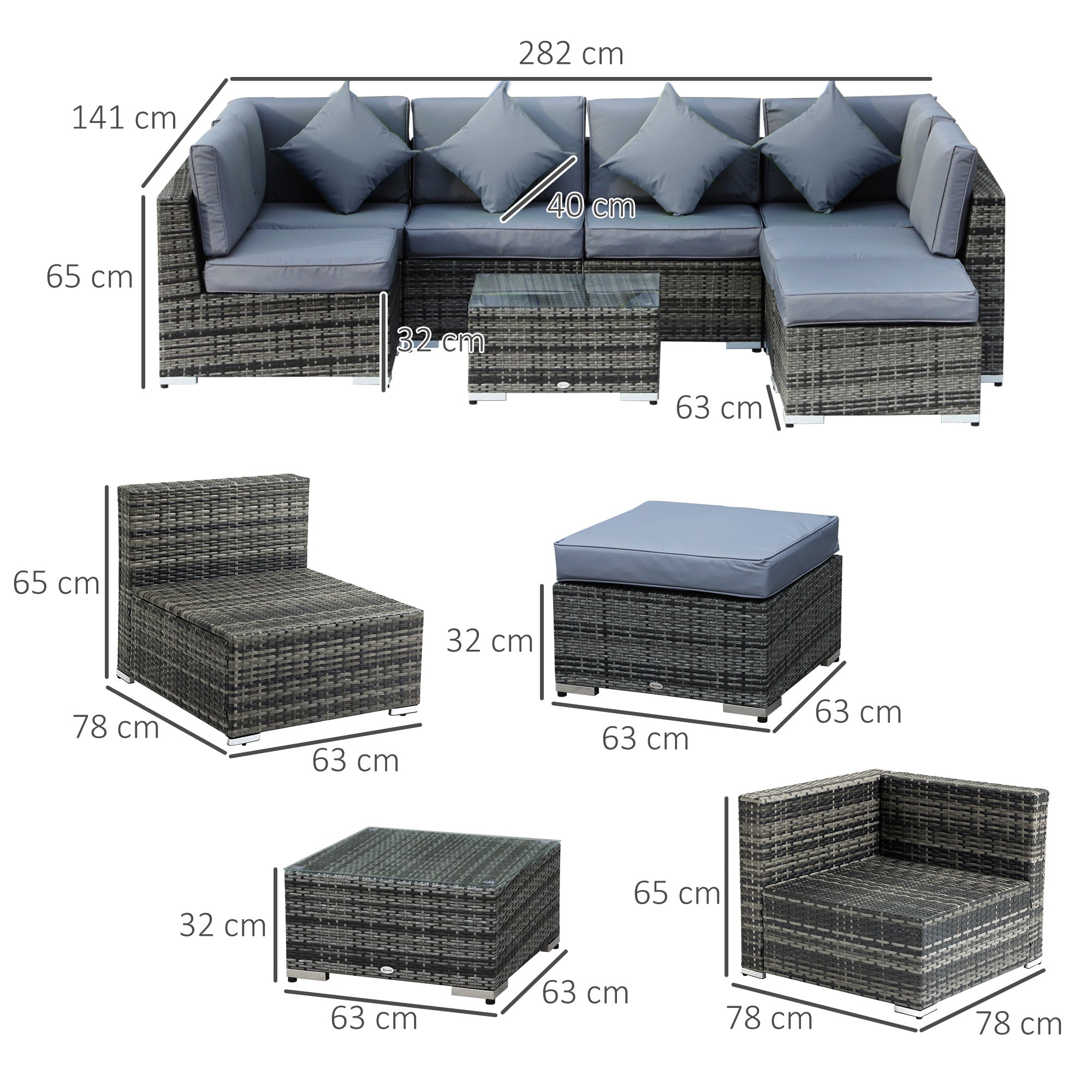 Outsunny 8 Pieces PE Rattan Corner Sofa Set with Thick Cushions, Aluminium Outdoor Rattan Garden Furniture Set with Glass Top Table, No Assembly Required, Grey - North Peak Garden Furniture