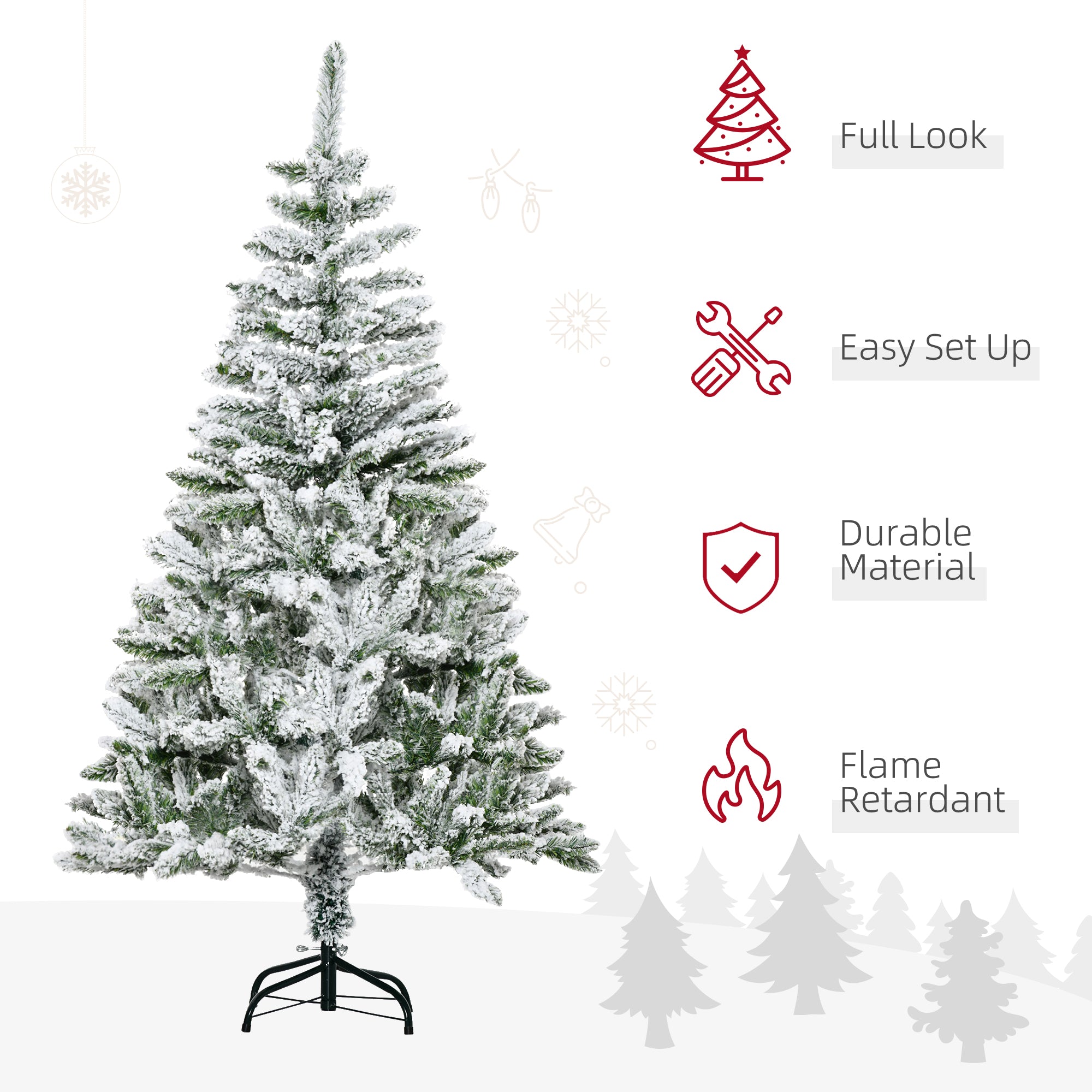 HOMCOM 5 Ft Snow Flocked Artificial Christmas Tree Xmas Pine Tree with Realistic Branches, Auto Open and Steel Base, Green - North Peak Garden Furniture