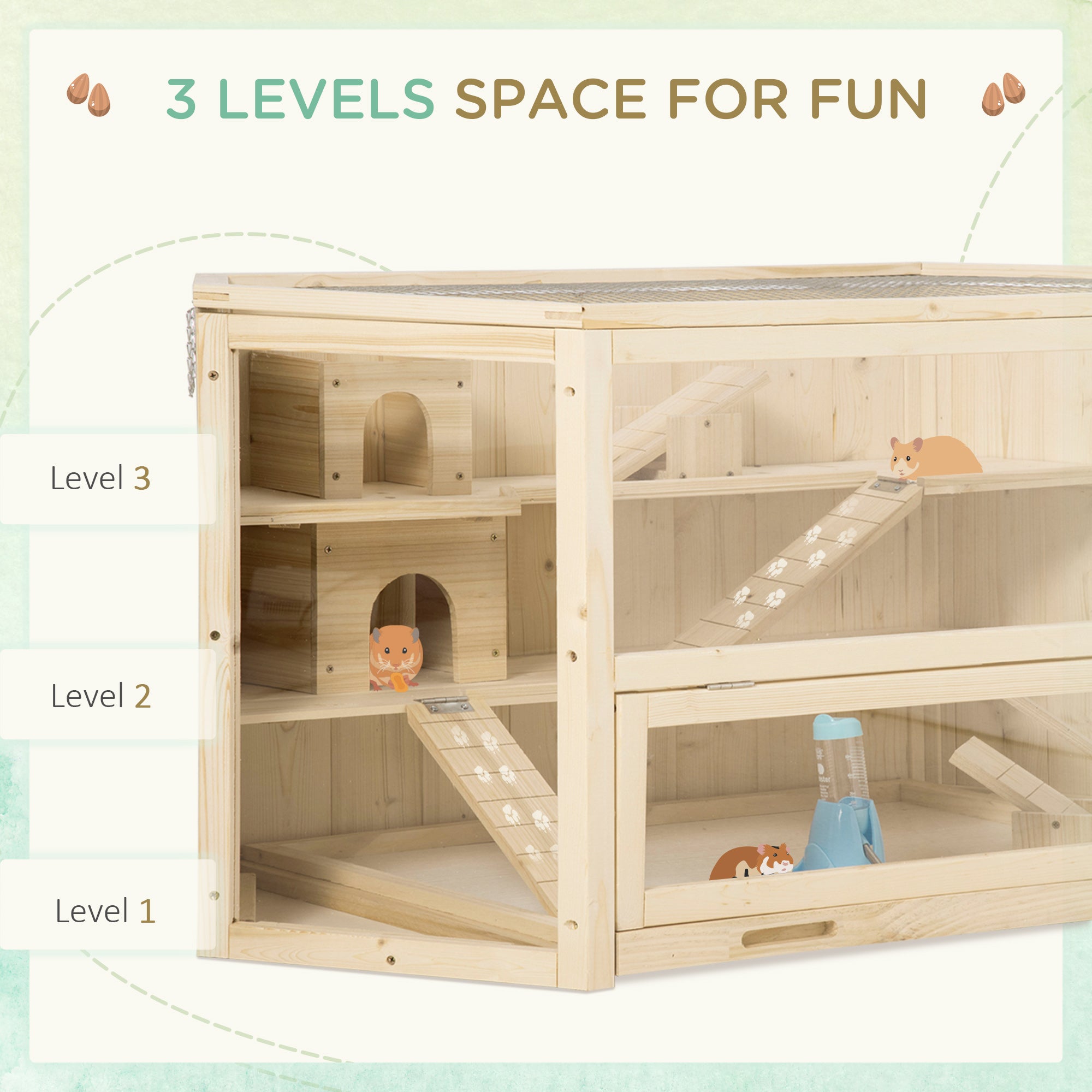PawHut Wooden Large Hamster Cage Small Animal Exercise Play House 3 Tier with Sliding Tray, Seesaws, Water Bottle, Natural - North Peak Garden Furniture