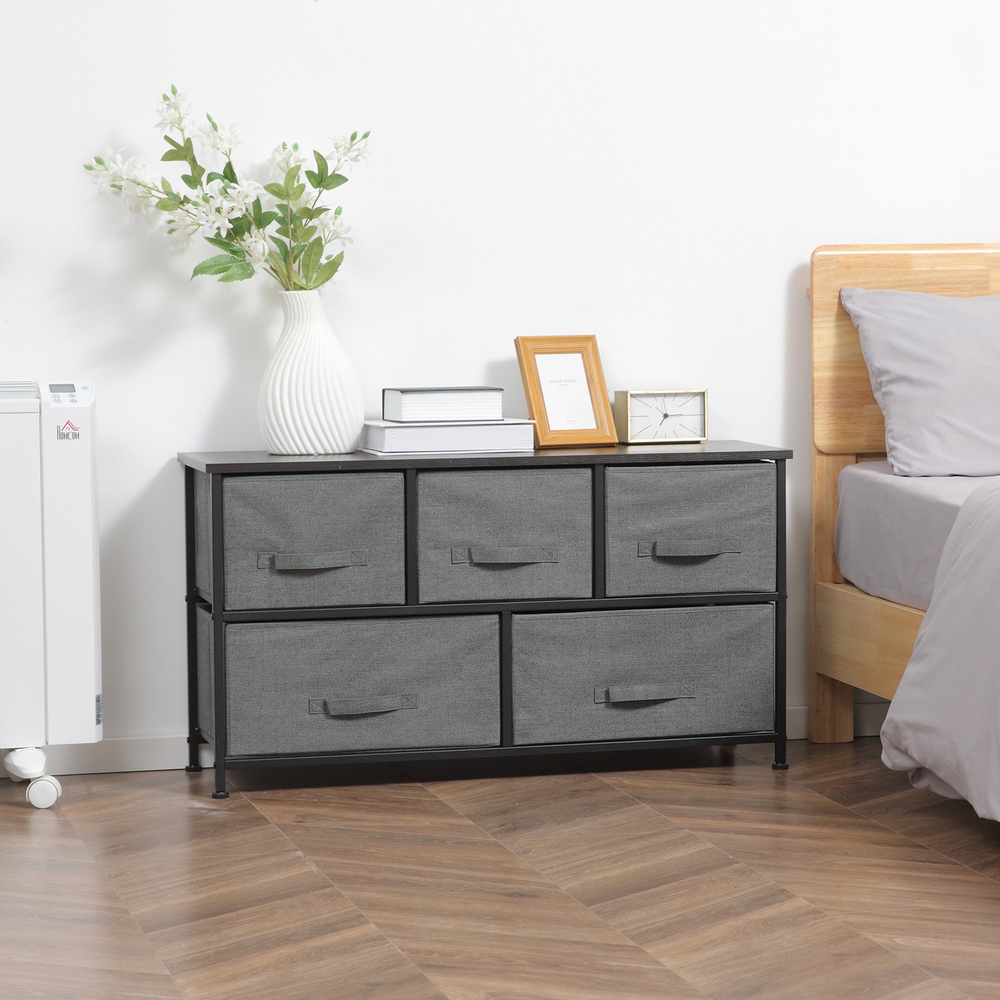 HOMCOM Chest of Drawers, 5 Drawer Fabric Dresser with Steel Frame, Adjustable Feet, Storage Organizer Unit for Bedroom, Living Room, Dark Grey - North Peak Garden Furniture