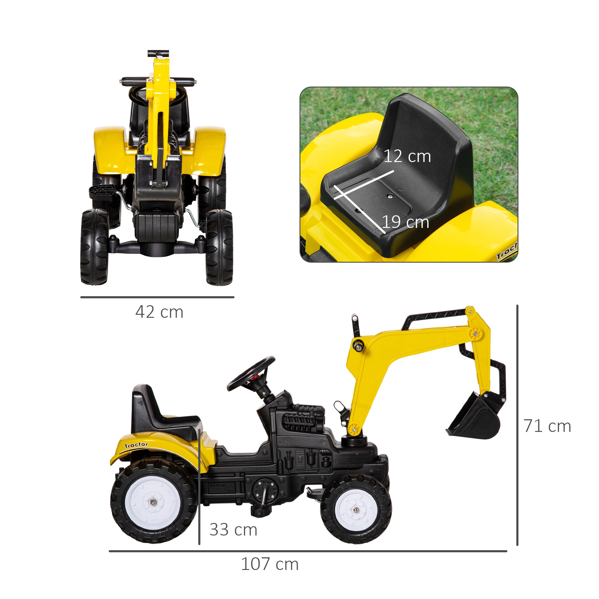 HOMCOM Kids Ride on Digger Pedal Go Kart Pretend Play Construction No Power Truck with Horn for 3 - 6 Years, Yellow - North Peak Garden Furniture