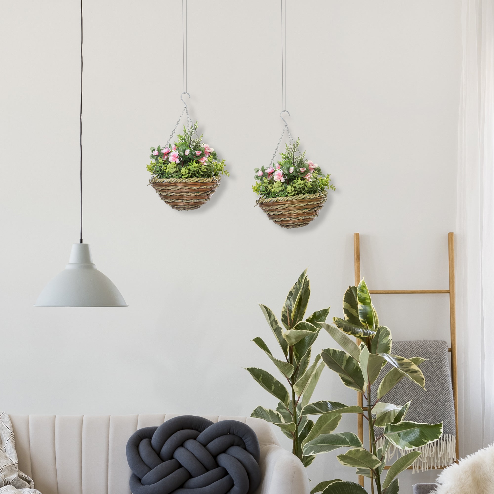 Outsunny Pack of 2 Faux Plant Artificial Lisianthus Flowers Hanging Planter with Basket for Indoor Outdoor Decoration, Pink - North Peak Garden Furniture