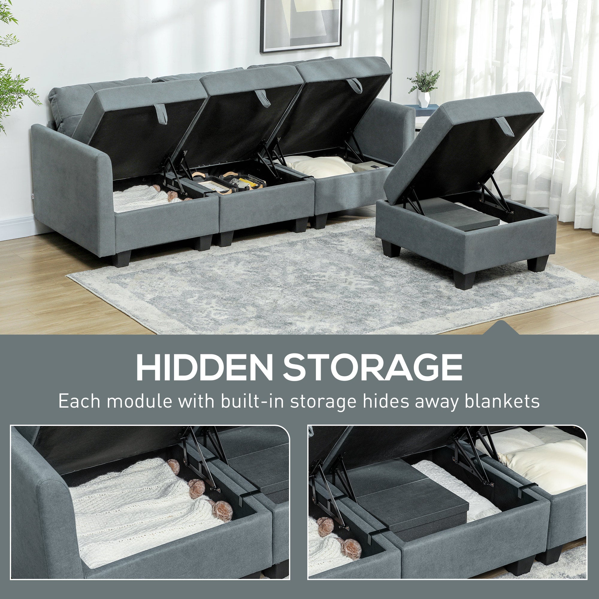 HOMCOM 'L' Shape Modular Sofa, with Storage - Dark Grey