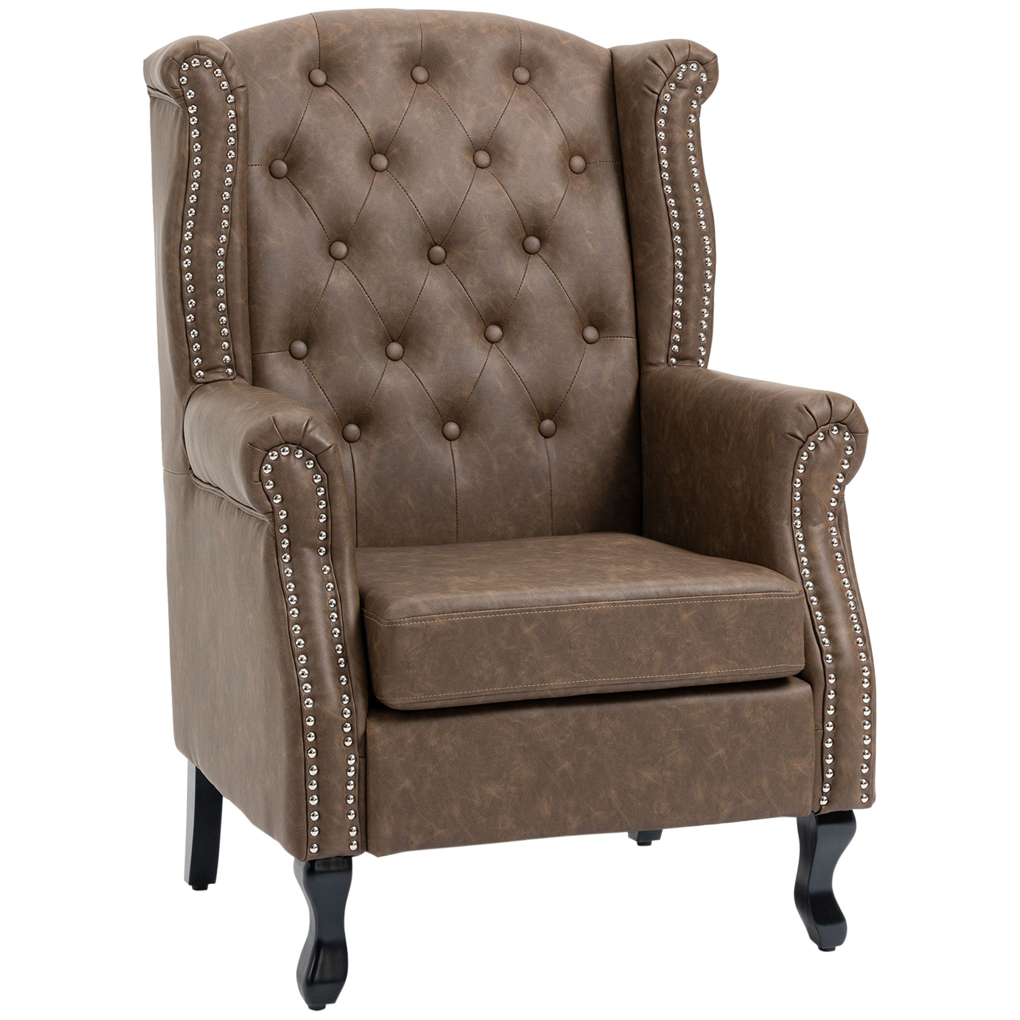 HOMCOM Wingback Accent Chair Tufted Chesterfield-style Armchair with Nail Head Trim for Living Room Bedroom Brown - North Peak Garden Furniture