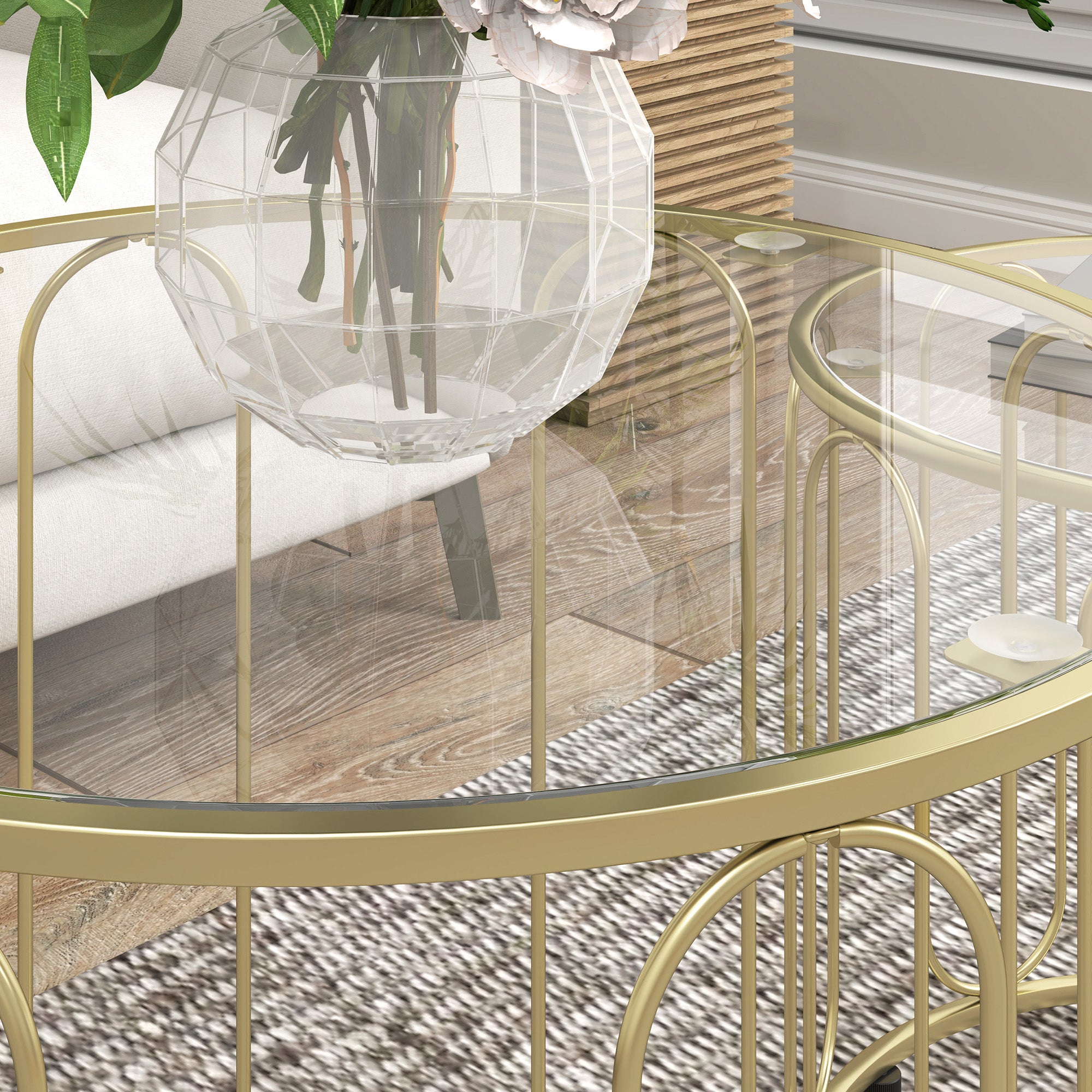 HOMCOM Round Coffee Table Set of 2, Glass Nest of Tables with Metal Frame and Tempered Glass Tabletop, Modern Side Tables for Living Room, Gold Tone - North Peak Garden Furniture