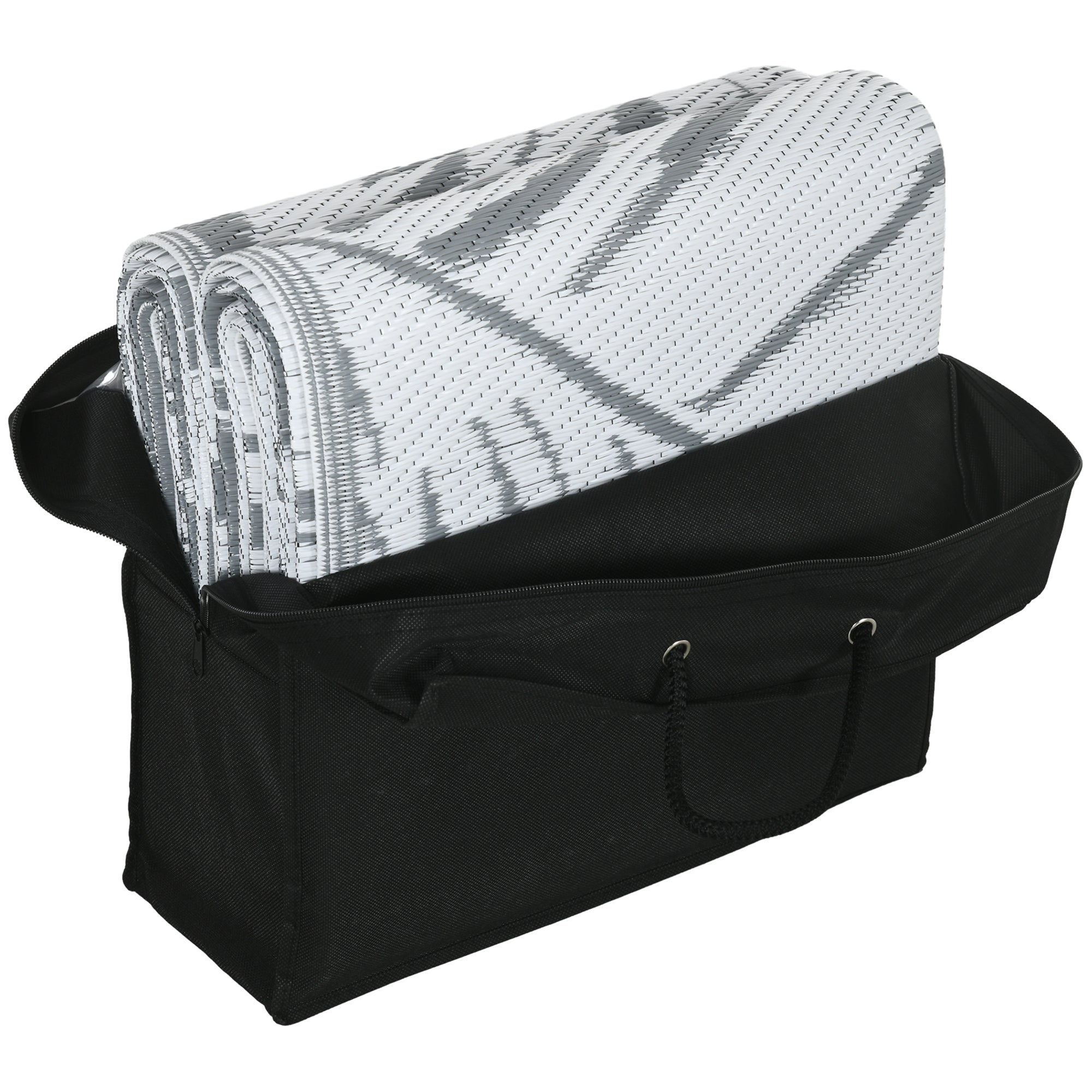 Outsunny Plastic Straw Reversible RV Outdoor Rug with Carry Bag, 182 x 274cm, Grey and White - North Peak Garden Furniture