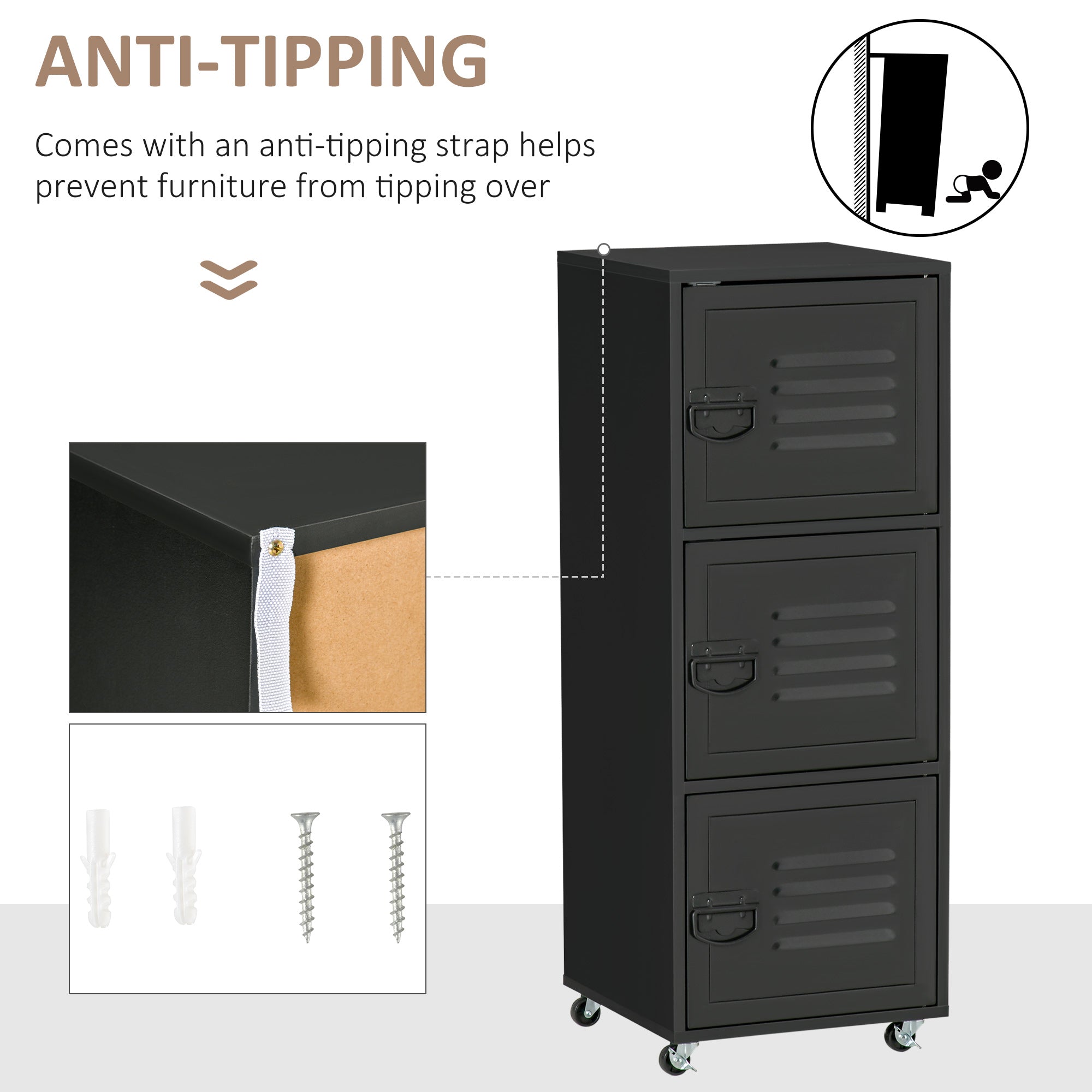 HOMCOM Rolling Storage Cabinet 3-Tier Mobile File Cabinet with Wheels & Metal Doors for Home Office, Living Room, Black - North Peak Garden Furniture