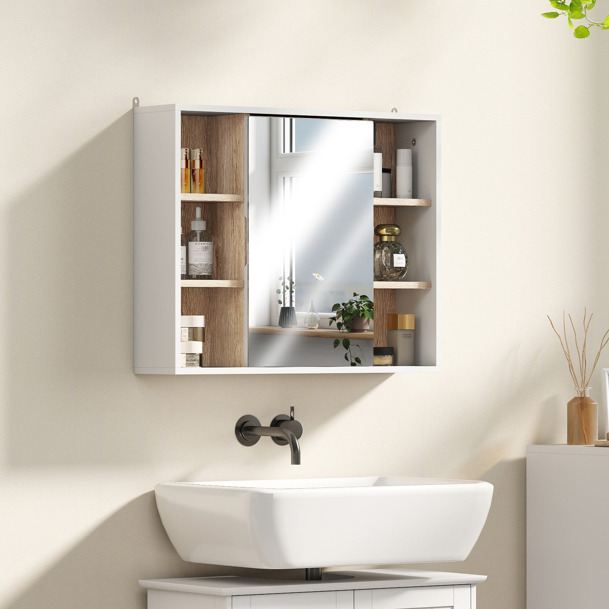 HOMCOM Bathroom Mirror Cabinet, Wall Mounted Storage Cabinet with Open Cupboard and Adjustable Shelf, White