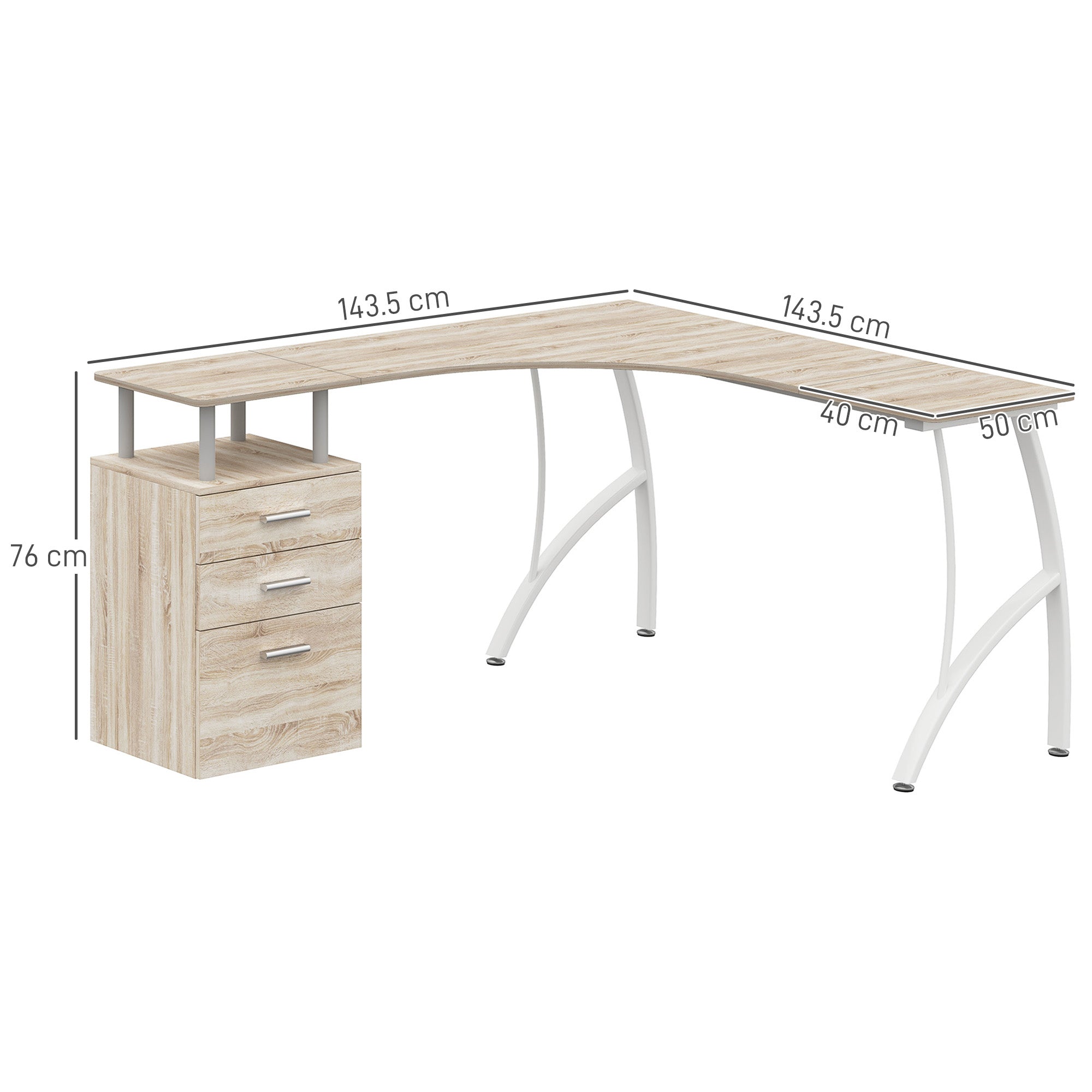HOMCOM L-Shaped Computer Desk Table with Storage Drawer, Home Office Desk Corner Industrial Style Workstation for A4 Files 143.5 x 143.5 x 76cm, Oak - North Peak Garden Furniture