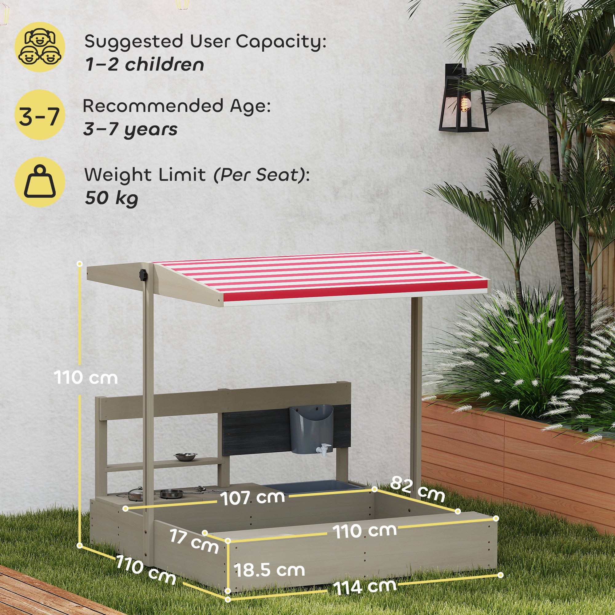 Outsunny Kids Wooden Sandbox w/ Canopy, Kitchen Toys, Seat, Storage, for 3-7 Years Old Outdoor Play