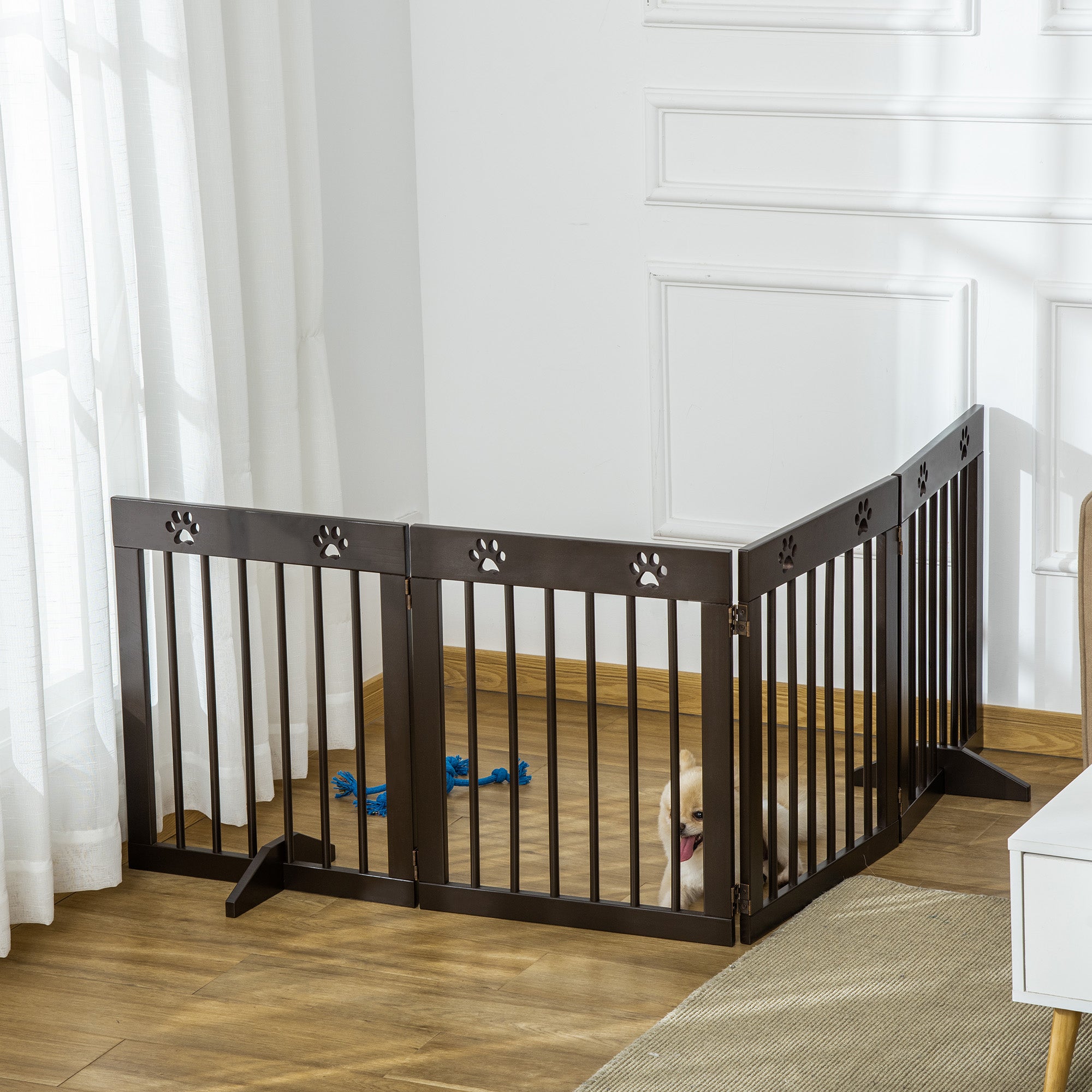 PawHut Freestanding Pet Gate 4 Panel Wooden Dog Barrier Folding Safety Fence with Support Feet up to 204cm Long 61cm Tall for Doorway Stairs Brown - North Peak Garden Furniture