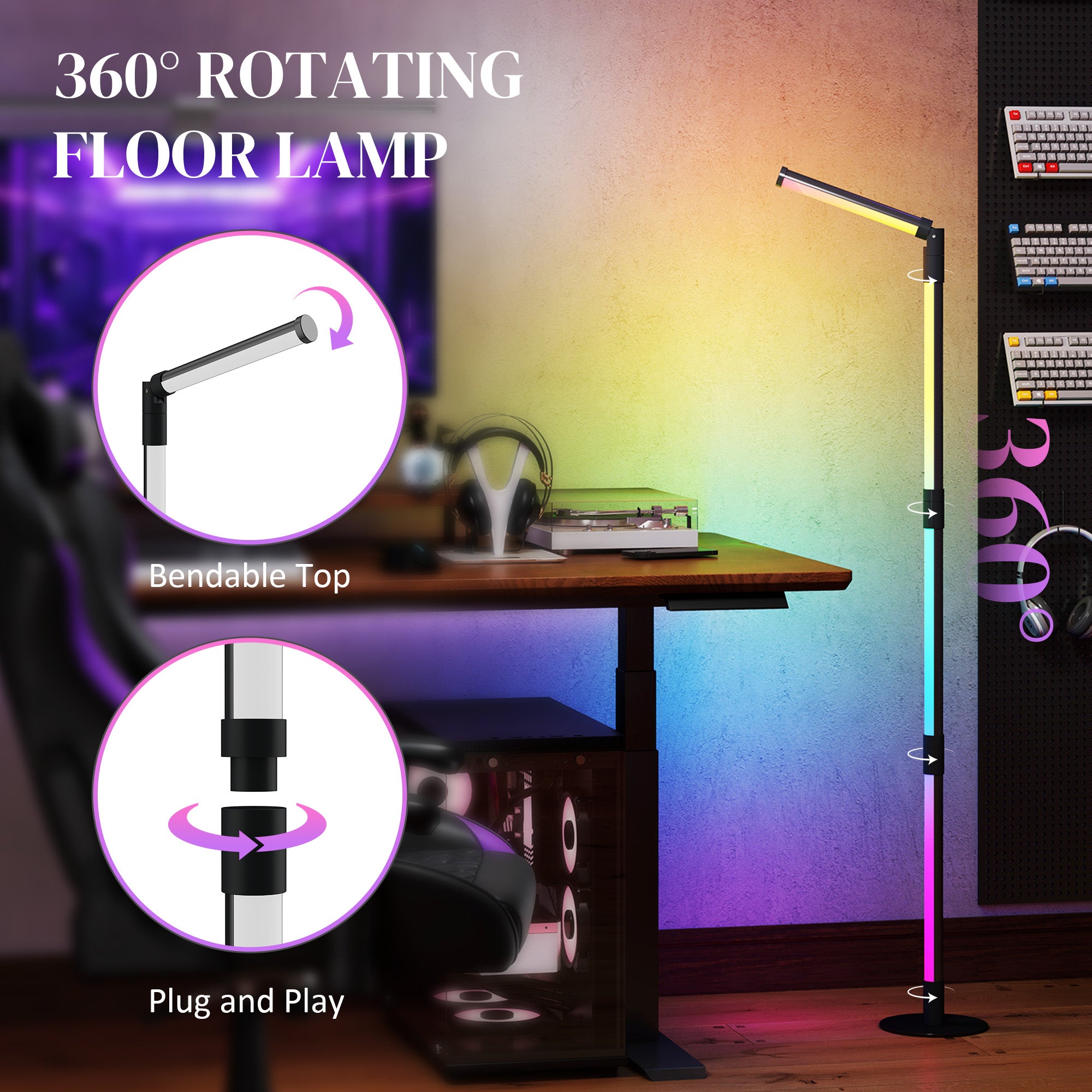 HOMCOM LED Floor Lamp, 360° RGB Detachable Corner Floor Lamp with App & Remote Control, Colour Changing Standing Lamp with Music Sync & Timing, for Living Room, Game Room, Dark Grey - North Peak Garden Furniture