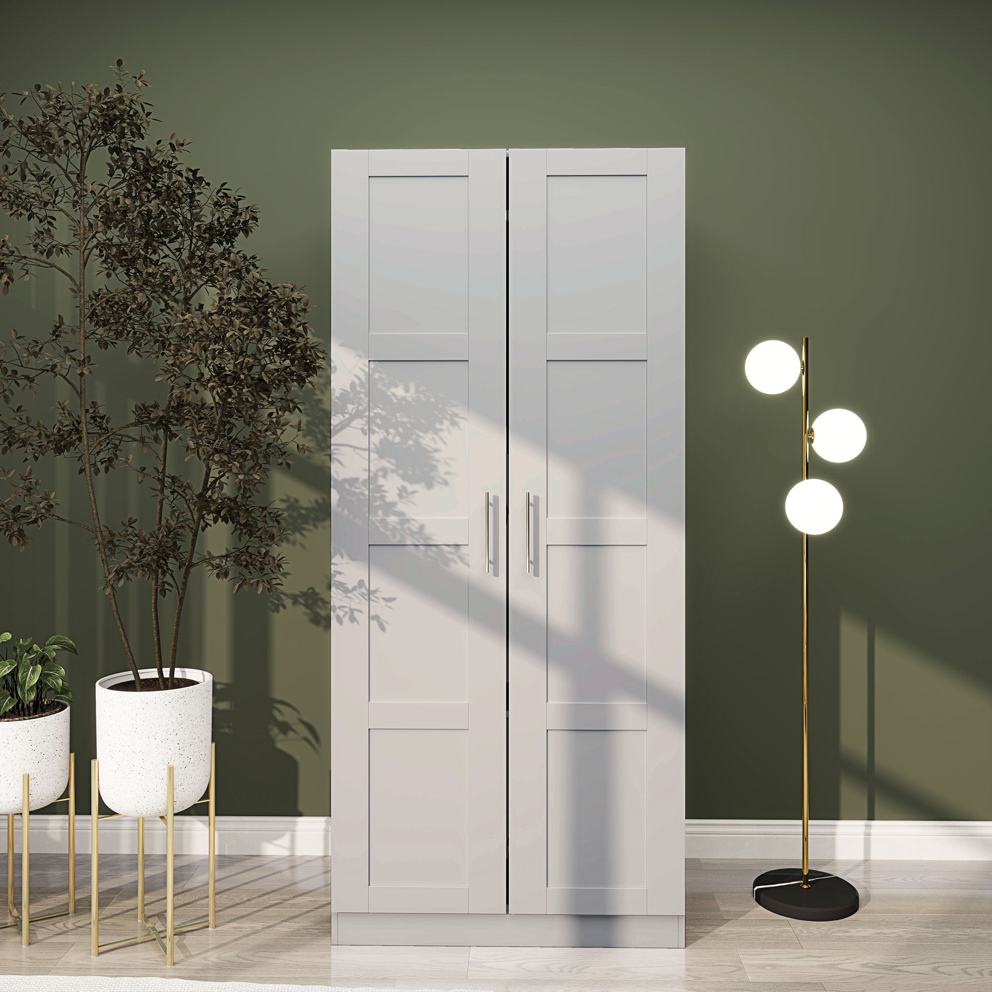 HOMCOM Double Paneled Door Wardrobe, with Shelves - Grey - North Peak Garden Furniture