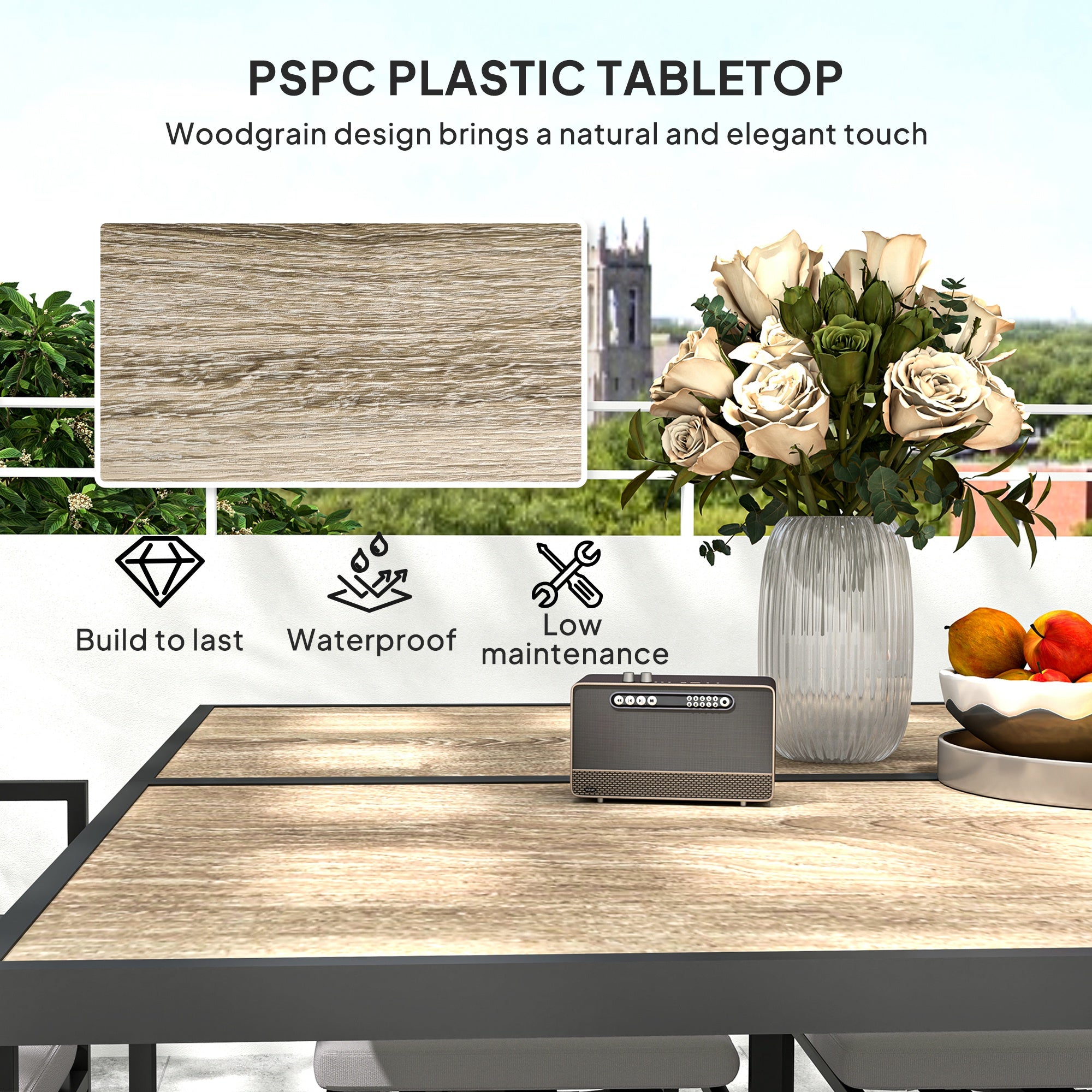 Outsunny 9 Piece Garden Dining Set, Cube Outdoor Garden Furniture Set with Cushions, 8 Seater Garden Table and Chairs with 4 Stools, Square PSPC Plastic Top Table, Side Pockets for Patio, Grey - North Peak Garden Furniture