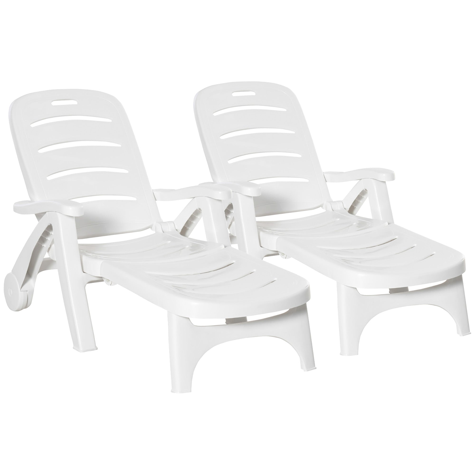 Outsunny 2PCs Outdoor Folding Sun Lounger Recliner on Wheels w/ 5-Position Backrest, White - North Peak Garden Furniture