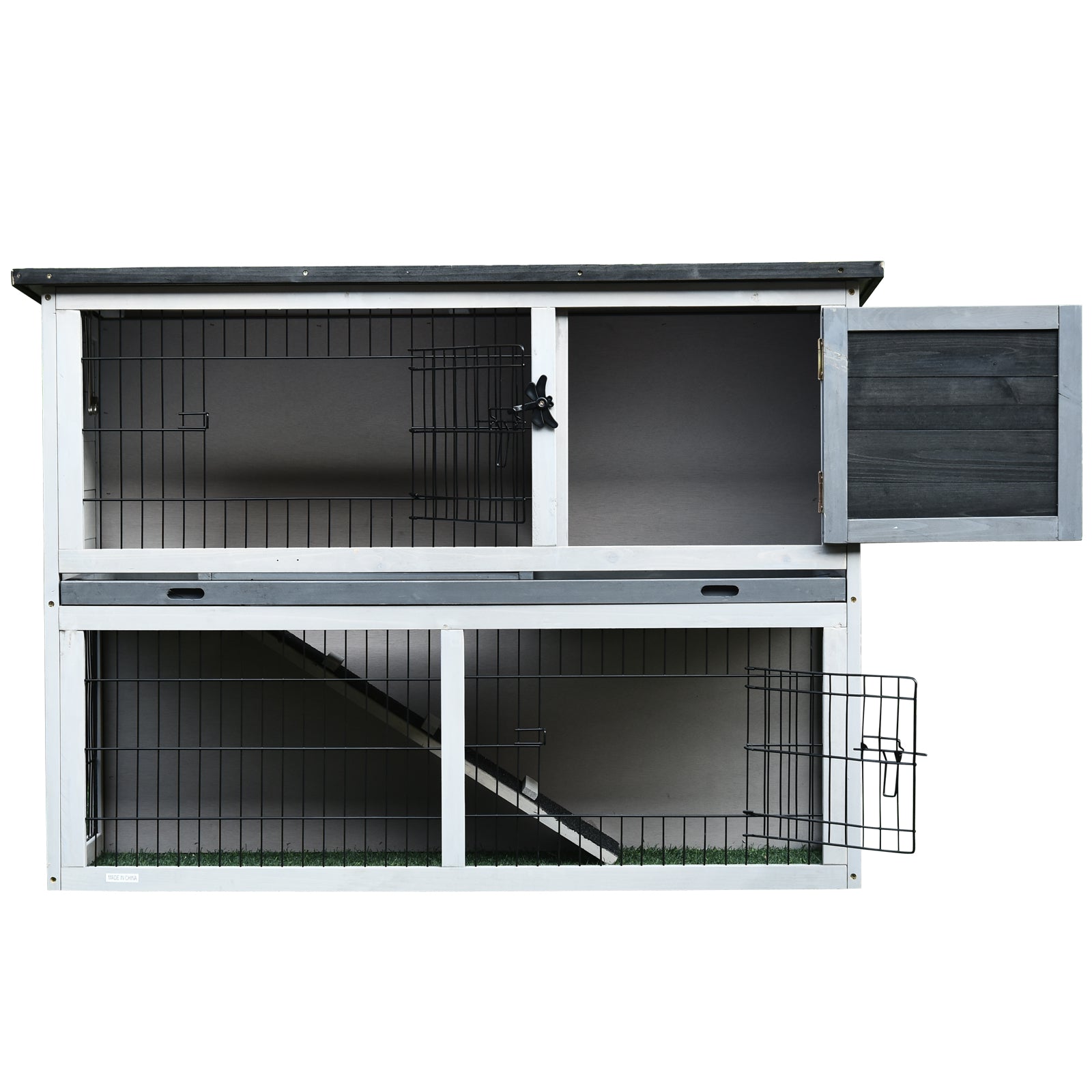 PawHut Small Animal Two-Level Fir Wood Guinea Pigs Hutches Bunny Cage w/ Slide Out Tray Grey - North Peak Garden Furniture