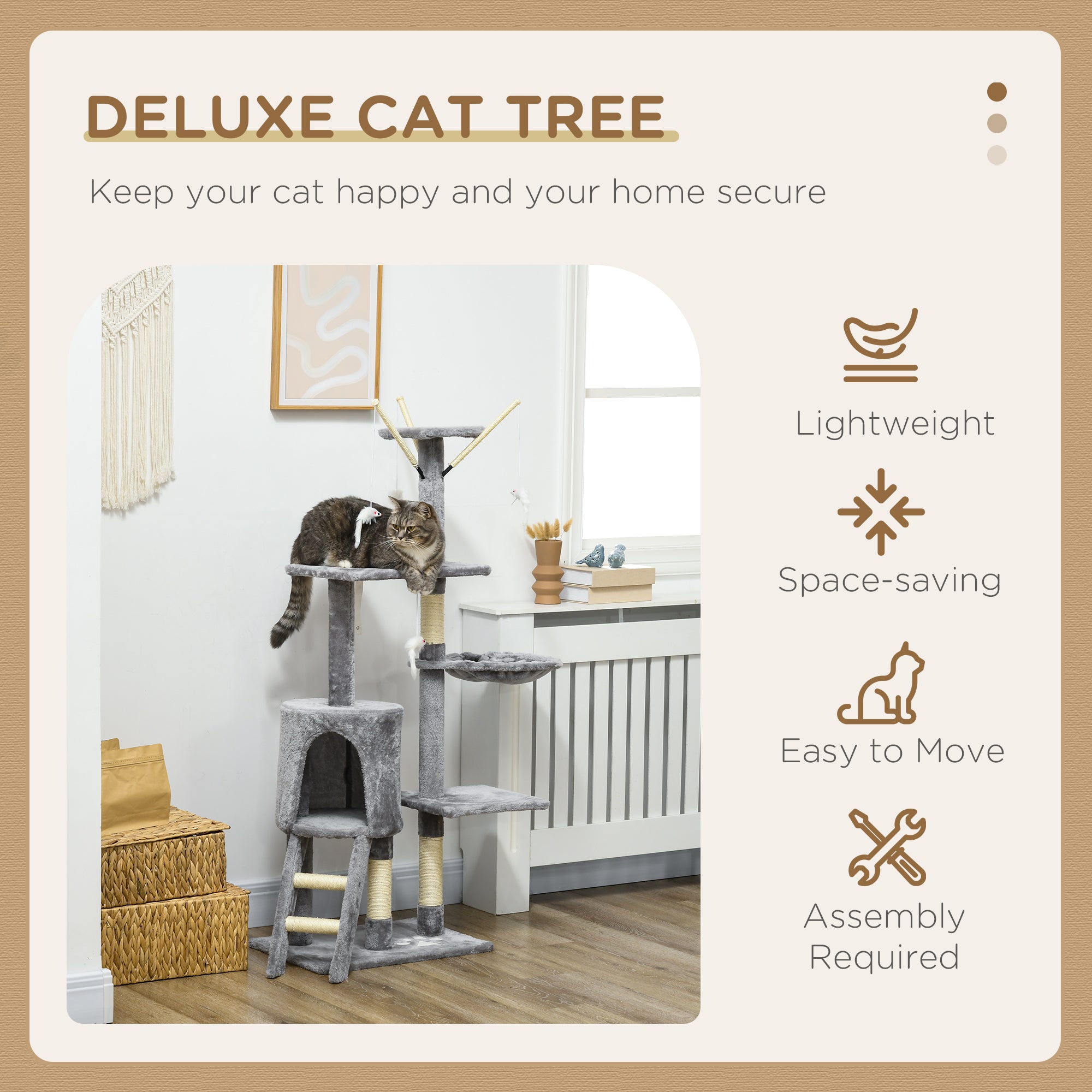 PawHut Cat Scratching Post Cat Tree for Indoor Cats Climbing Tower Scratcher w/ Ladder Kitty Activity Centre 135cm Grey - North Peak Garden Furniture