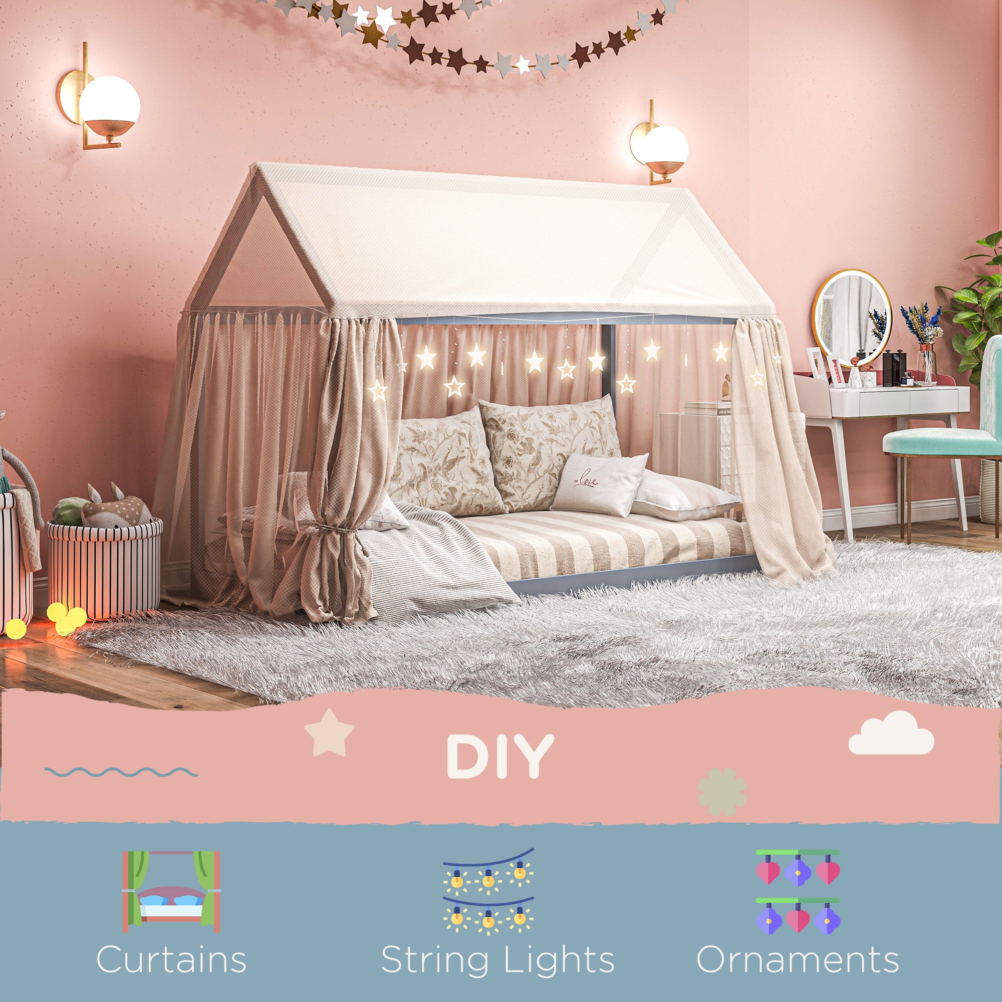 HOMCOM Single Bed Frame, House Scandinavian Style Wooden Bed Frame for 90W x 190Dcm Mattress, Pine Wood Bed Base, Grey - North Peak Garden Furniture