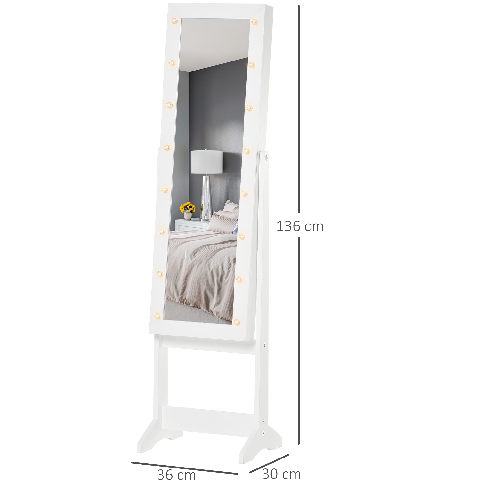 HOMCOM Free Standing LED Mirrored Jewelry Cabinet Armoire Floor Organiser W/ 3 Angle Adjustable For Rings Earrings Bracelets Cosmetics Warm White - North Peak Garden Furniture