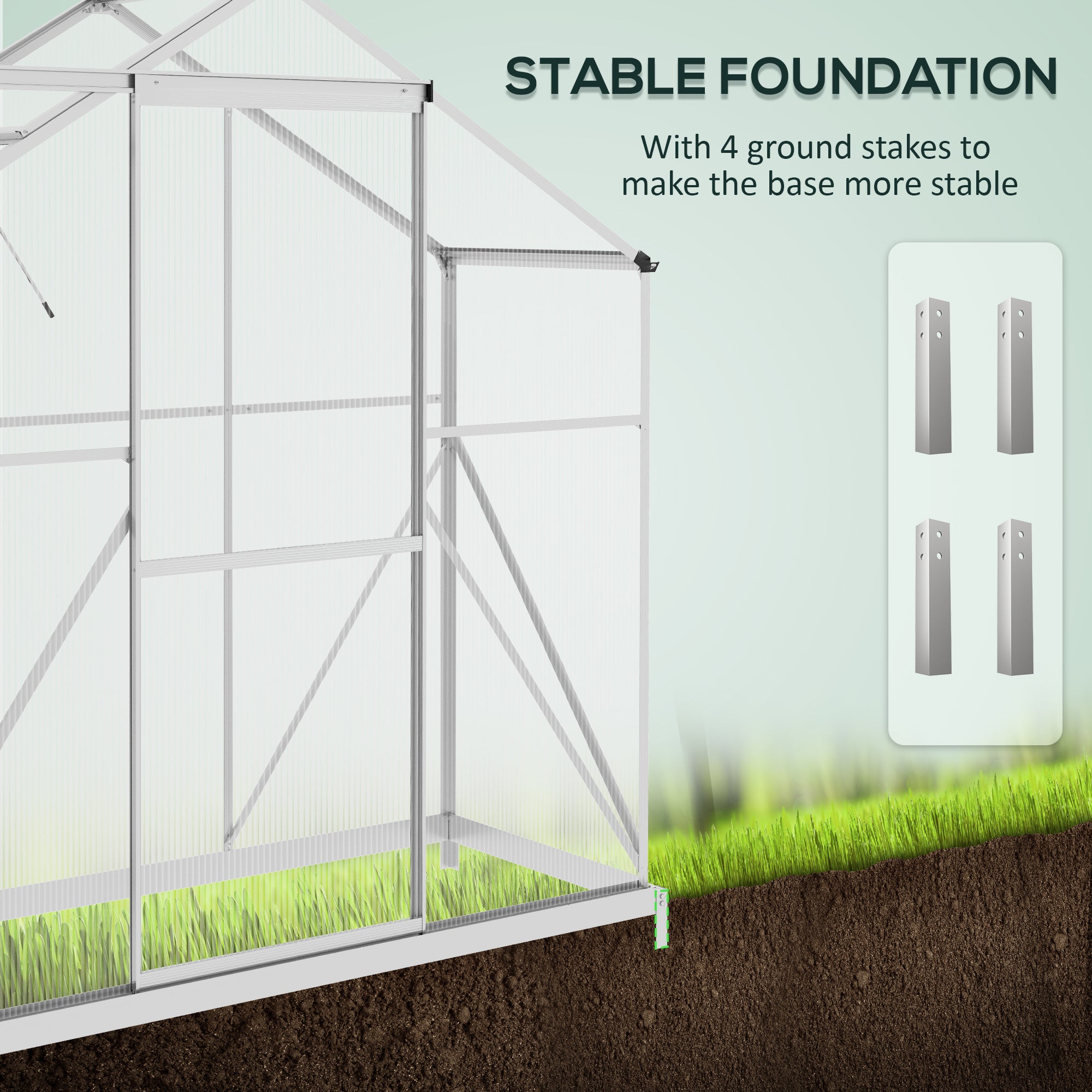 Outsunny 6 x 2.5ft Polycarbonate Greenhouse Walk-In Green House with Rain Gutter, Sliding Door, Window, Foundation, Silver - North Peak Garden Furniture