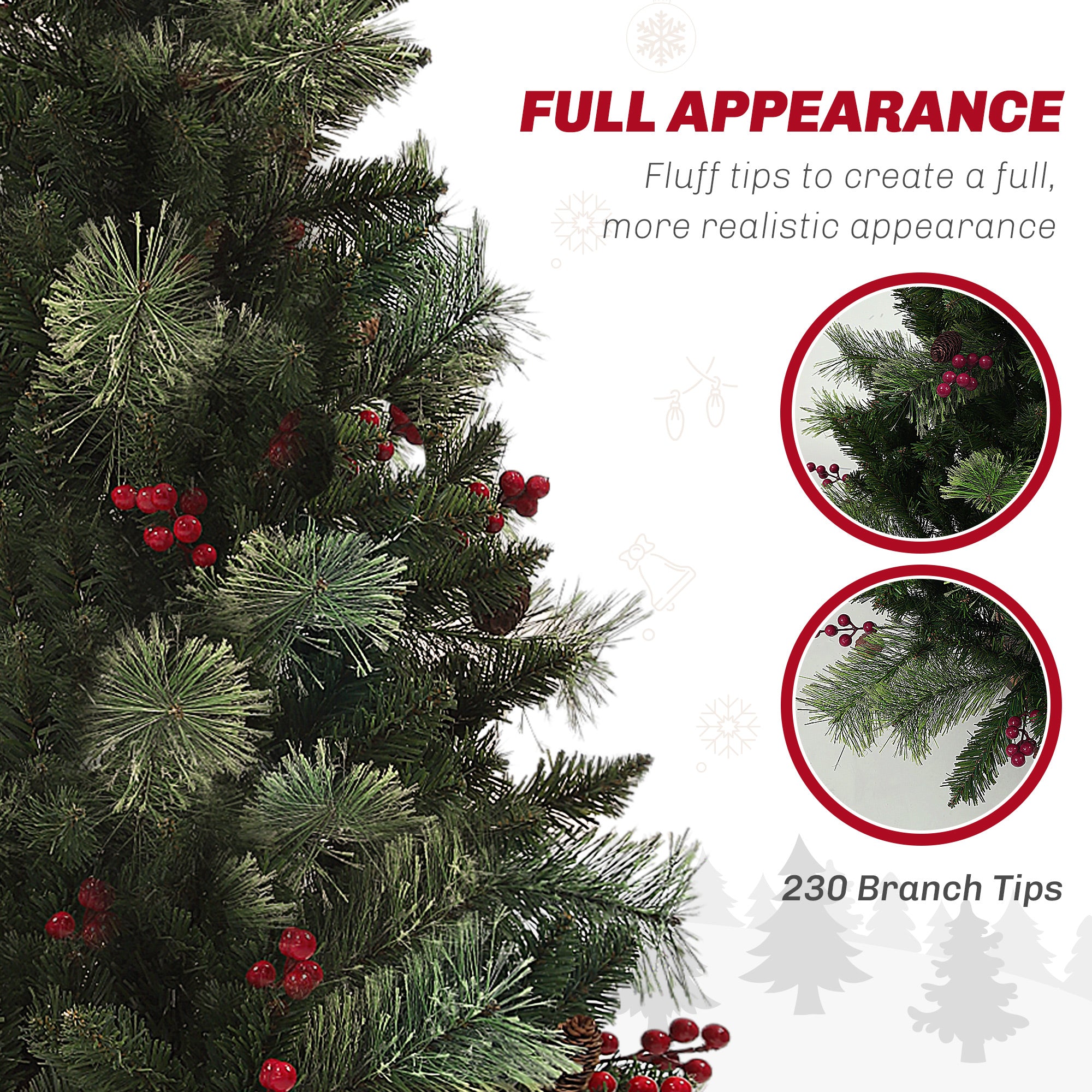 HOMCOM 1.2m/4ft Artificial Christmas Tree with 100 Warm White LED Lights and 8 Modes, Small Xmas Tree with Red Berries, Pine Cones and Retro Base, Green - North Peak Garden Furniture