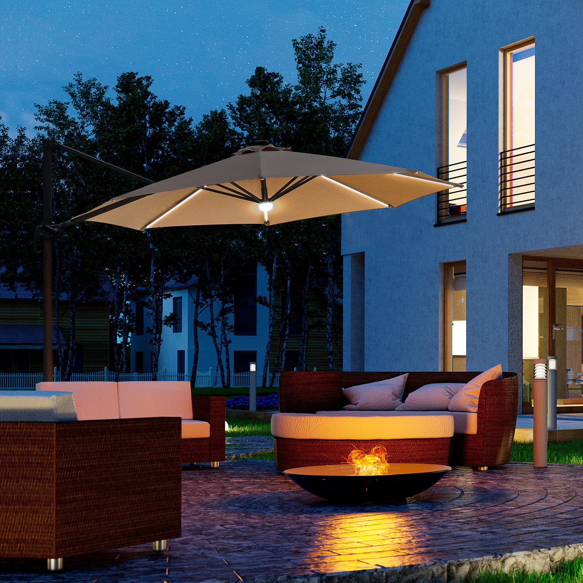 Outsunny 3(m) LED Cantilever Parasol Outdoor Sun Umbrella w/ Base Solar Lights Brown - North Peak Garden Furniture
