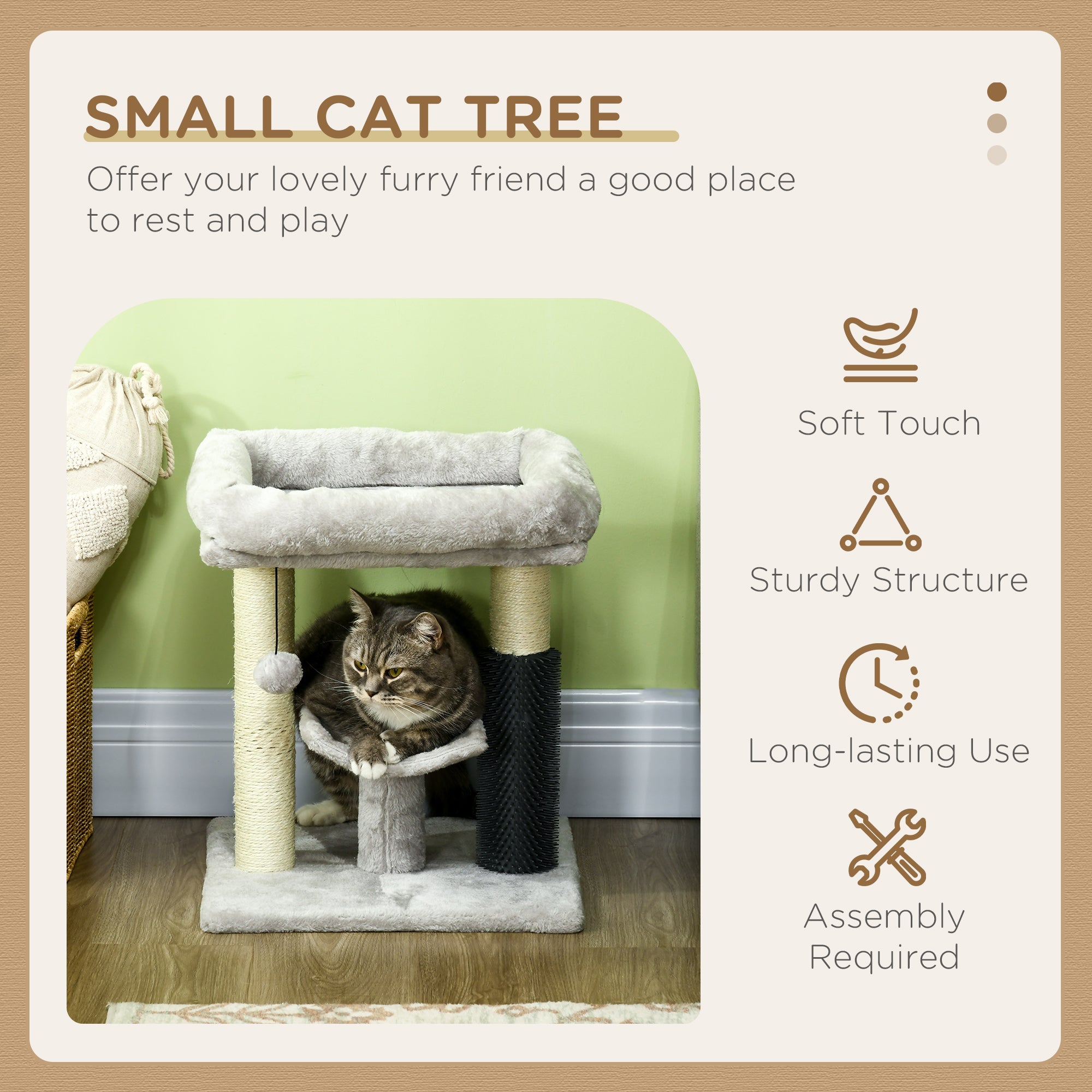 PawHut 48cm Cat Tree with Scratching Posts, Bed, Perch, Self Groomer, Toy - Grey - North Peak Garden Furniture
