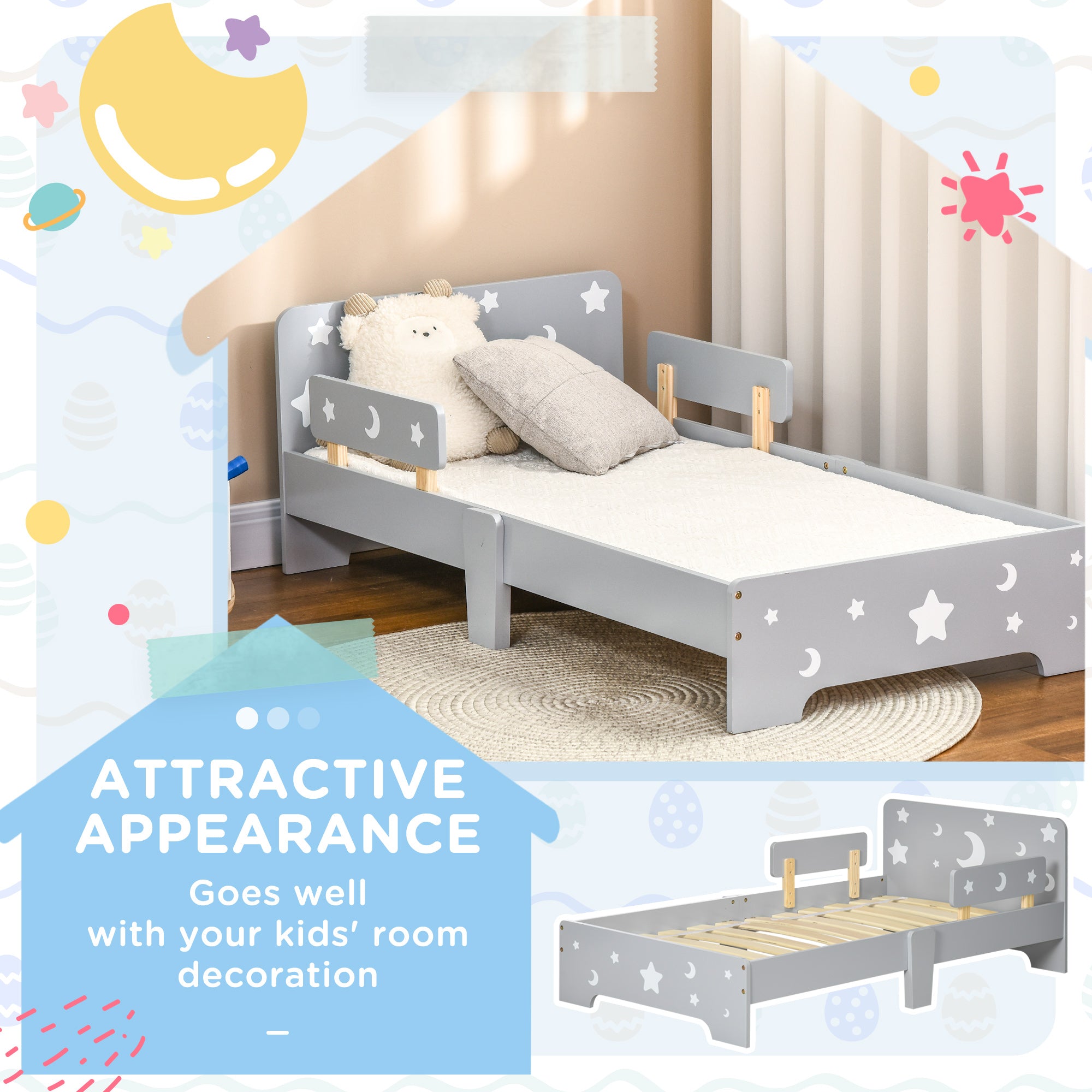 ZONEKIZ Kids Toddler Bed, with Star and Moon Patterns, Side Rails, for Ages 3-6 Years - Grey - North Peak Garden Furniture