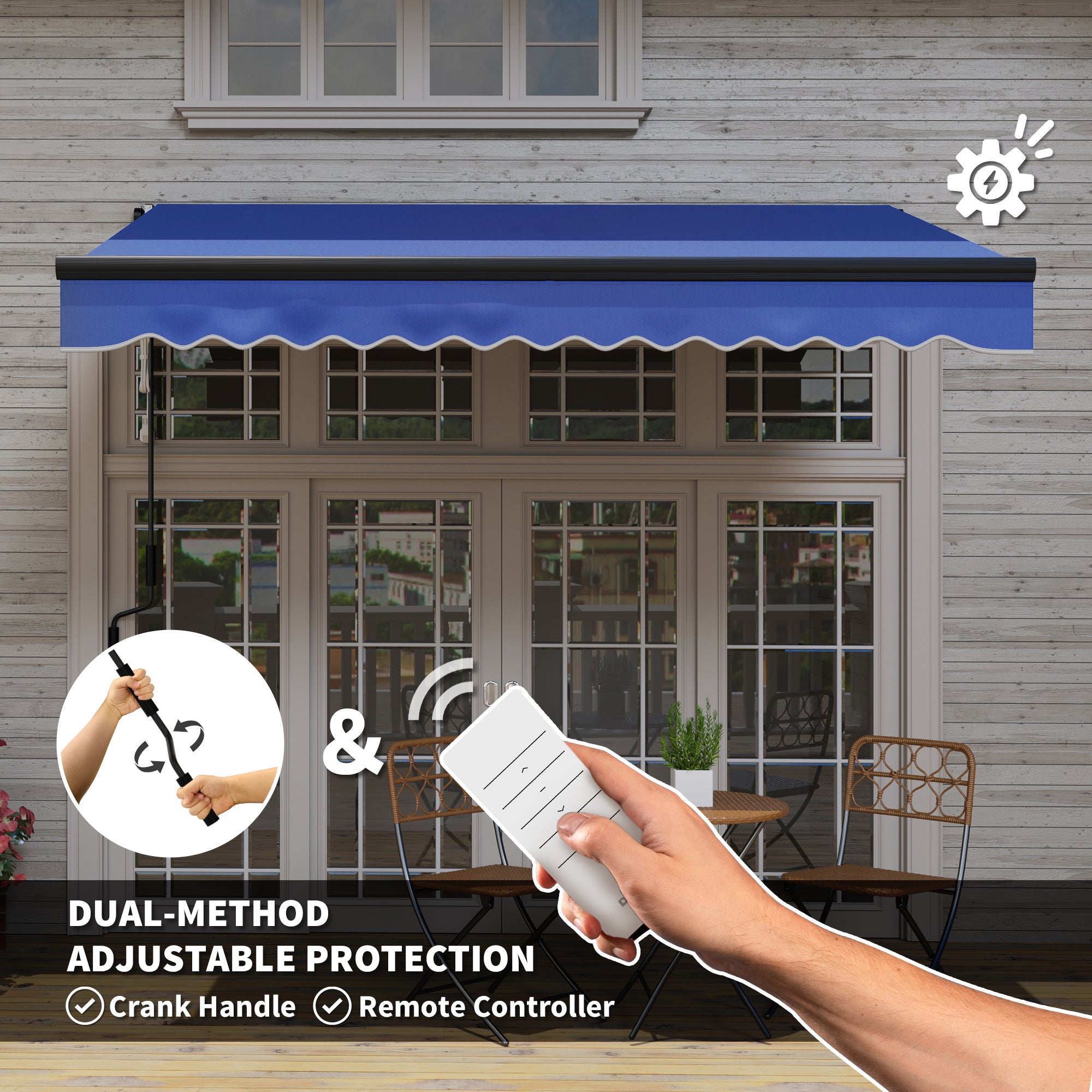 Outsunny 3 x 2.5m Electric Awning with LED Light and Remote Controller, Aluminium Frame DIY Retractable Awning, UV50+ Sun Shade Canopy for Garden Patio Deck Door Window, Blue - North Peak Garden Furniture