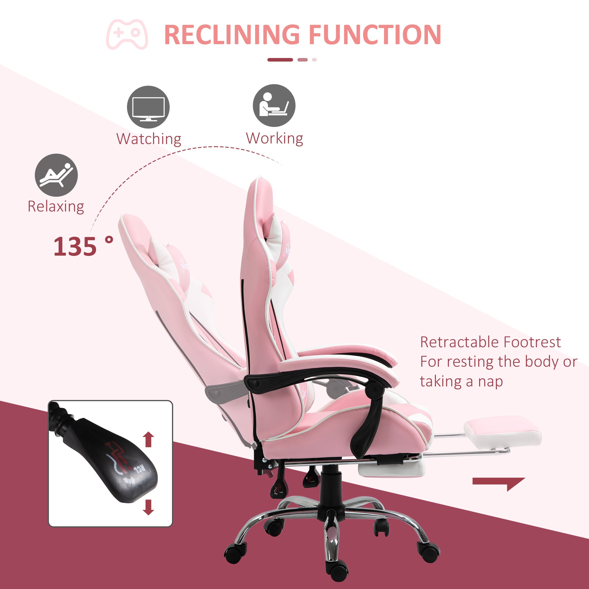 Vinsetto Pink Computer Gaming Chair, Desk Chair with 135° Reclining Back and Retractable Footrest, Adjustable PU Leather Lumbar Support and Headrest, Steel Base for Adults, Girls