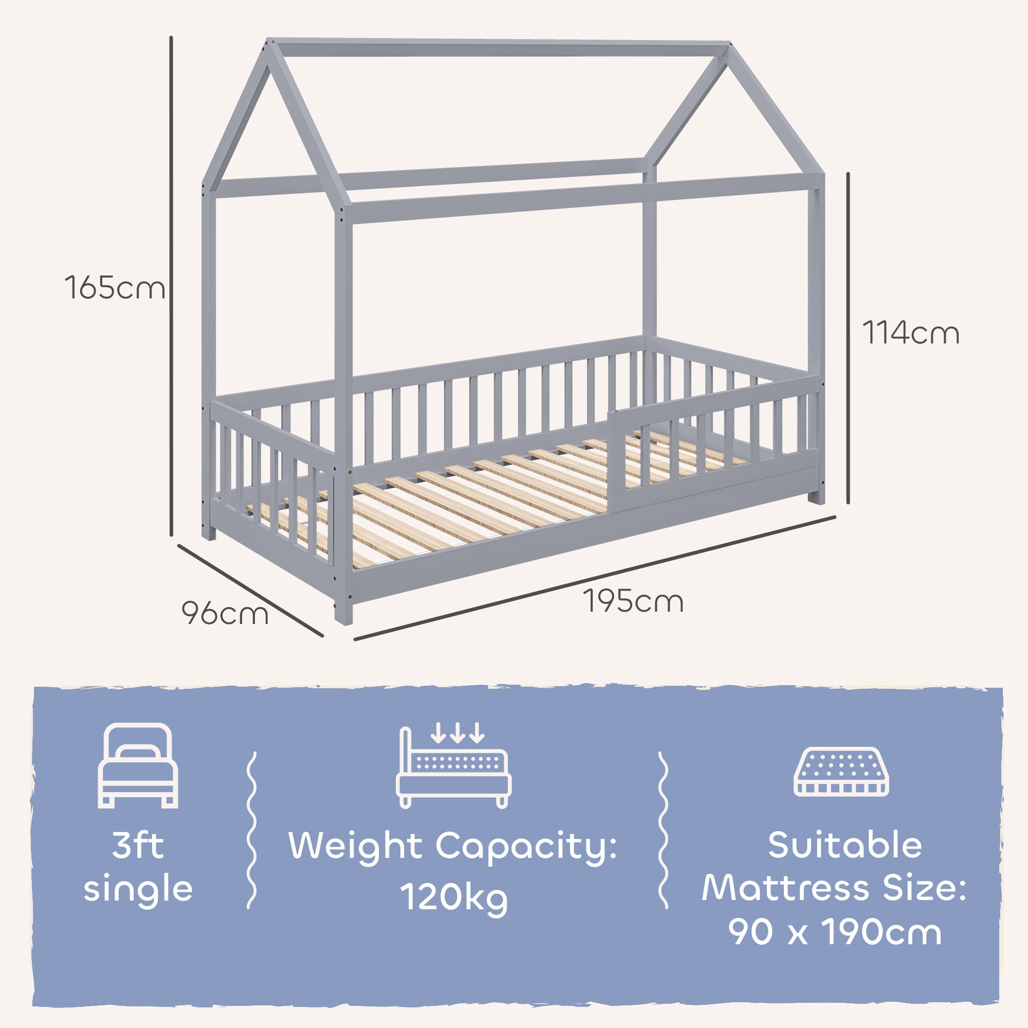 HOMCOM House-Shaped Kids Bed Frame with Guard Rails, Solid Pine Wood Single Bed Frame for Kids Boys and Girls, Grey