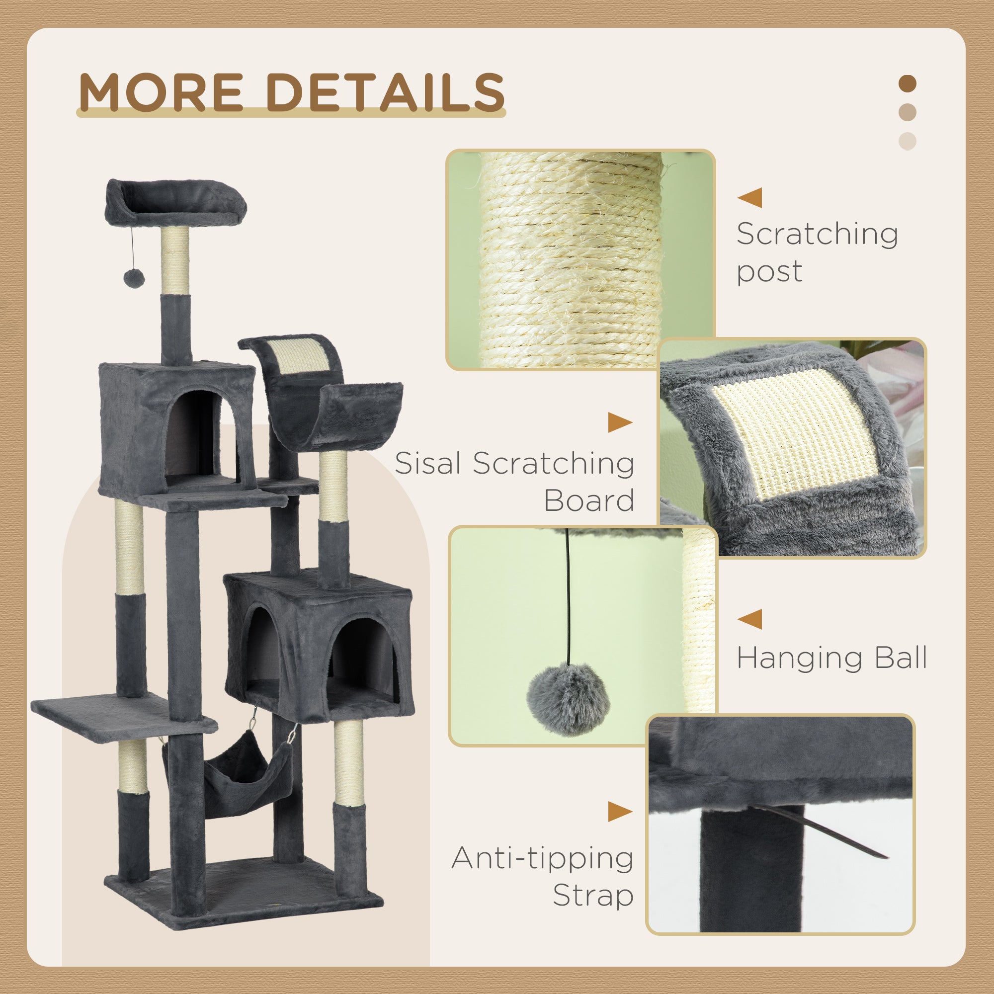 PawHut 177cm Cat Tree with Scratching Post, Hammock, Cat House - Dark Grey - North Peak Garden Furniture