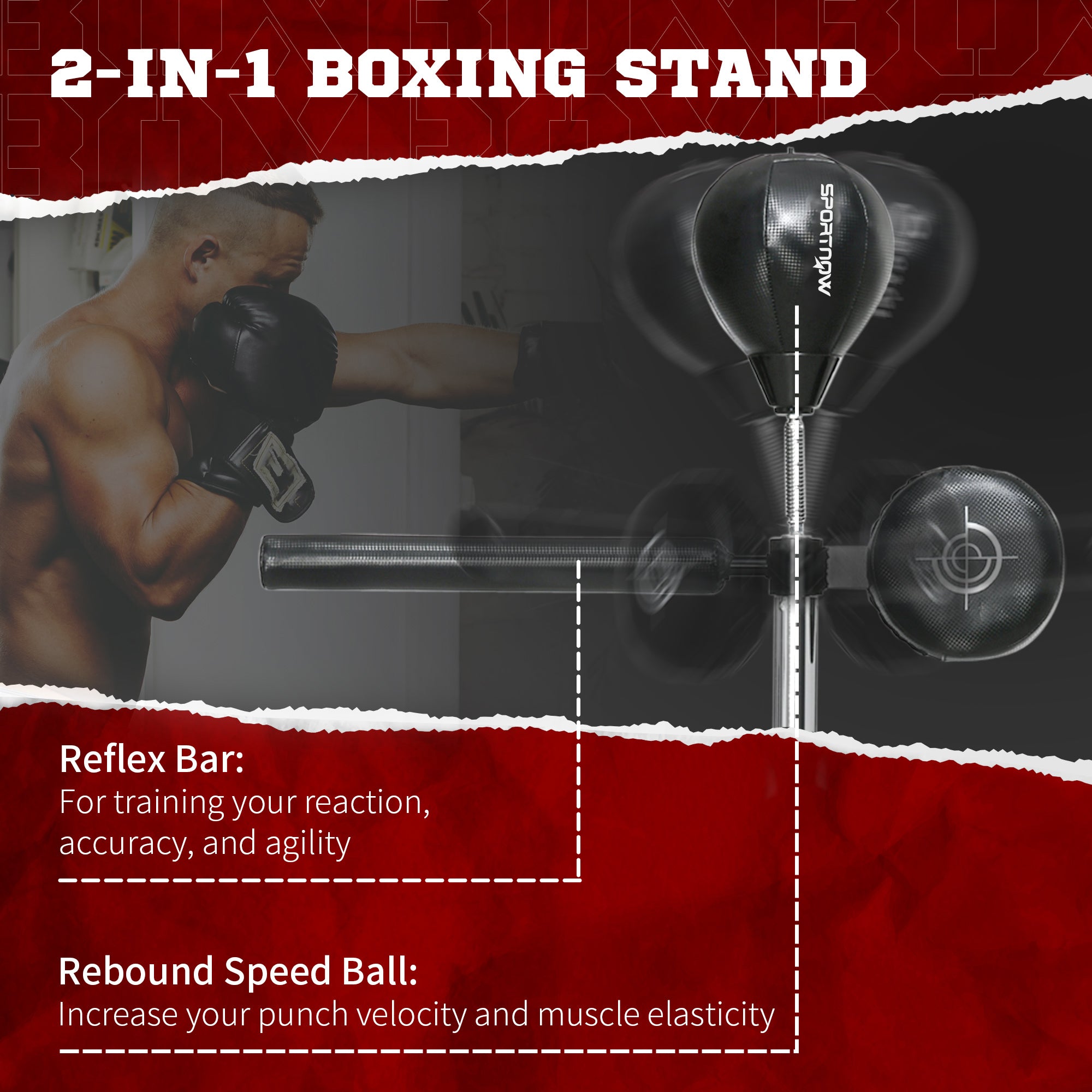 SPORTNOW Adjustable Speed Bag, Boxing Bag, with Stand, Reflex Bar, Punching Pad, Black