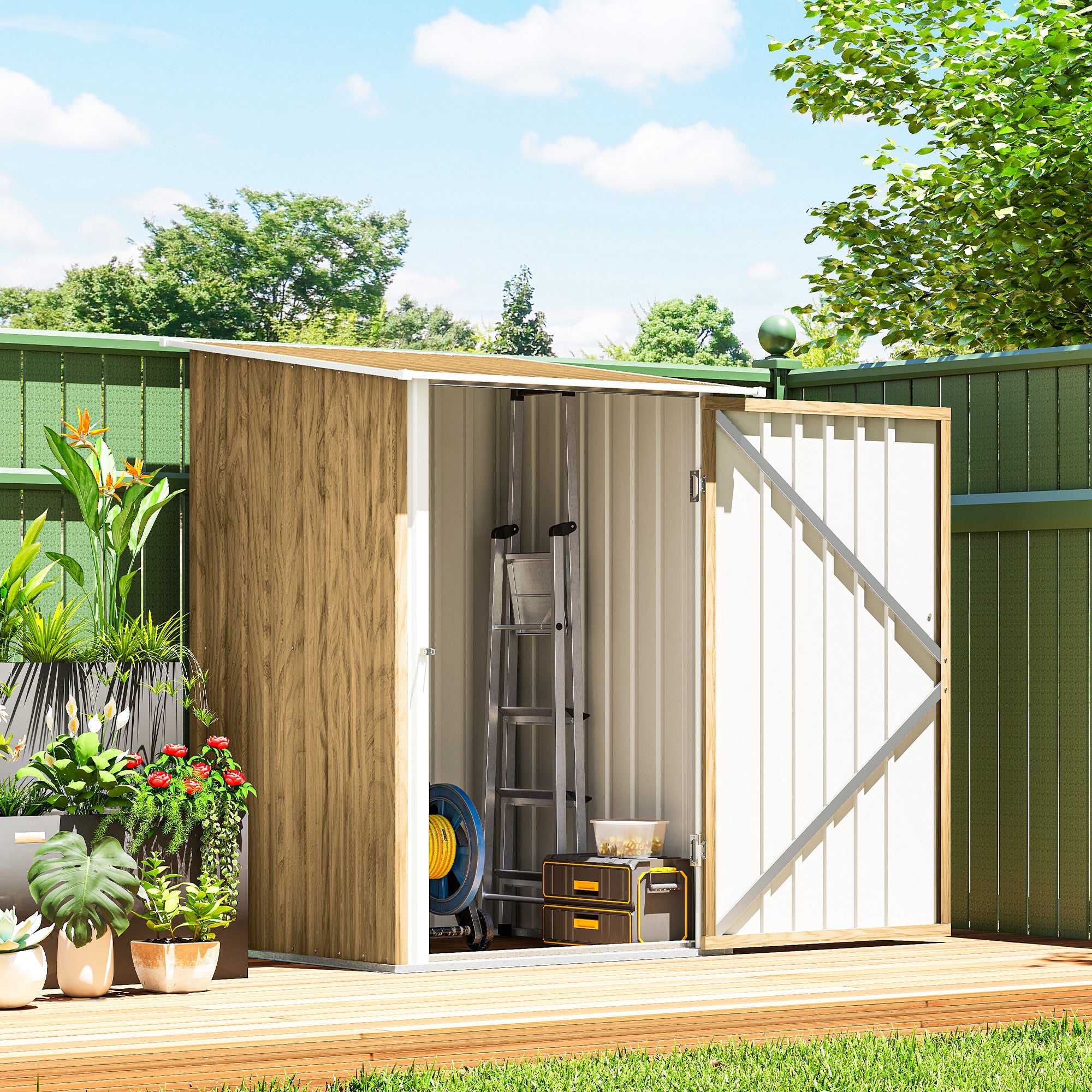 Outsunny 3.3 x 3.4ft Lean To Steel Garden Shed with Locking Door - Light Brown Wood Effect/White