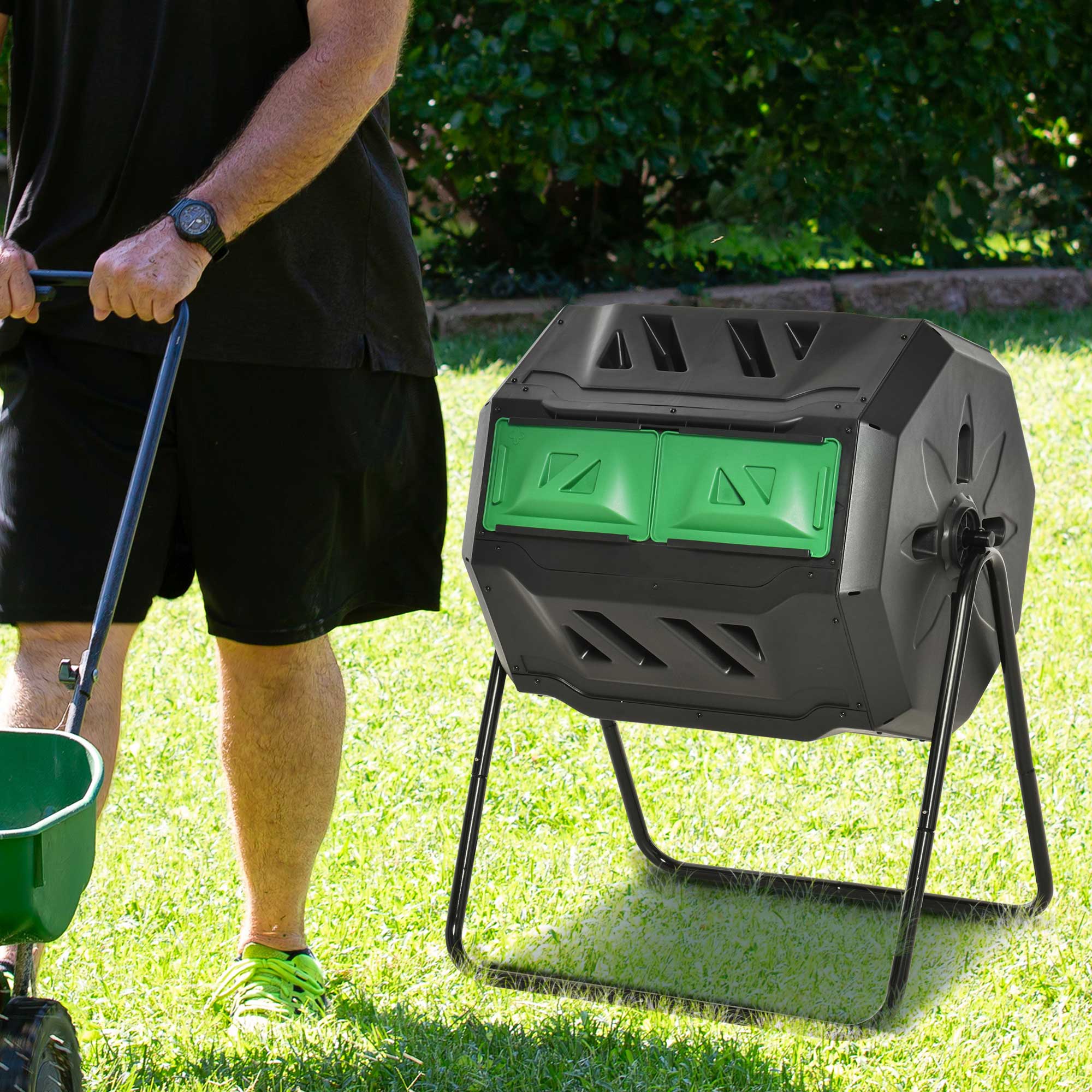 Outsunny 160L Tumbling Compost Bin Outdoor Dual Chamber 360° Rotating Composter, Garden Compost Bin w/ Sliding Doors & Solid Steel Frame, Black - North Peak Garden Furniture