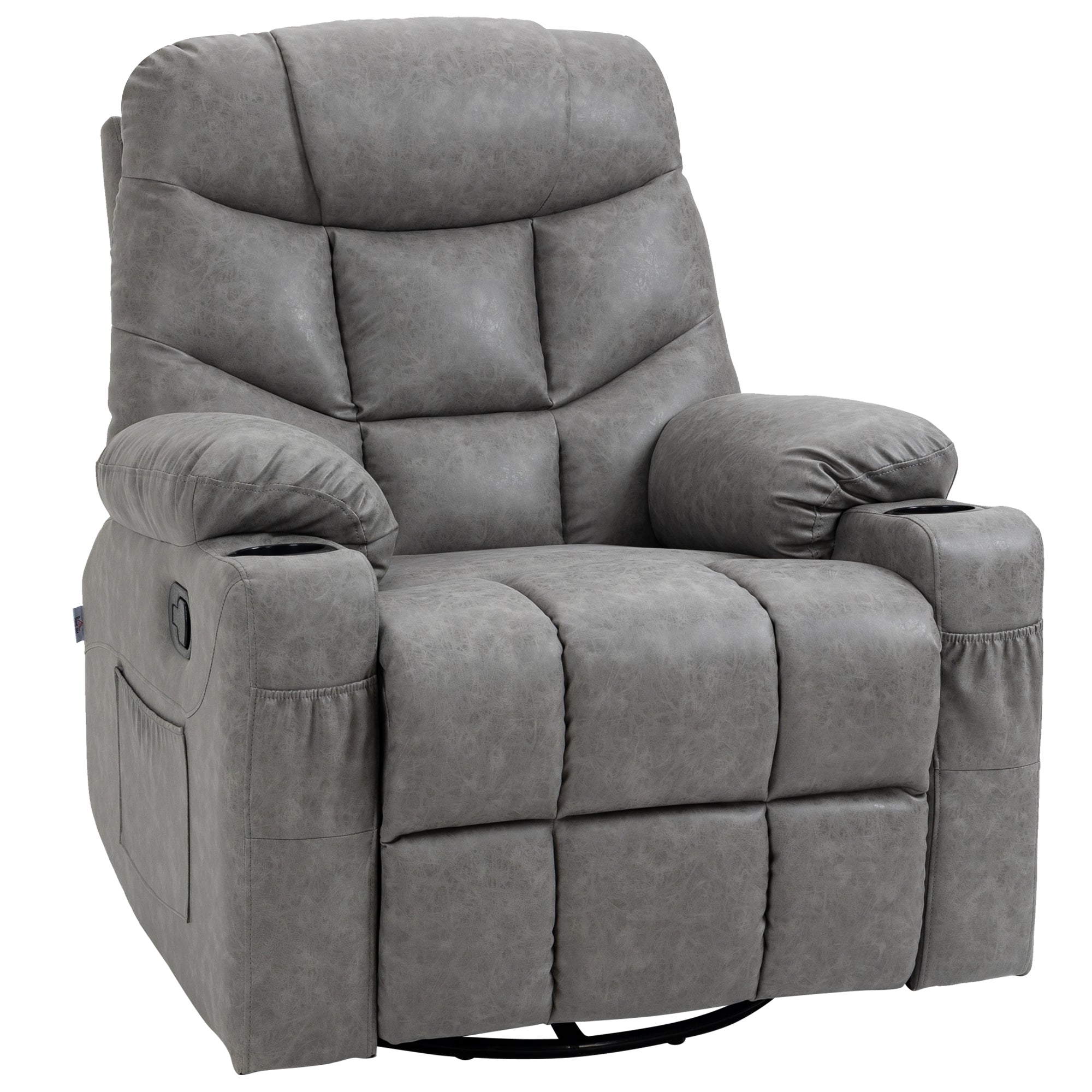 HOMCOM Manual Reclining Chair, Recliner Armchair with Swivel, Faux Leather, Below, Cup Holders, 86x93x102cm, Grey - North Peak Garden Furniture