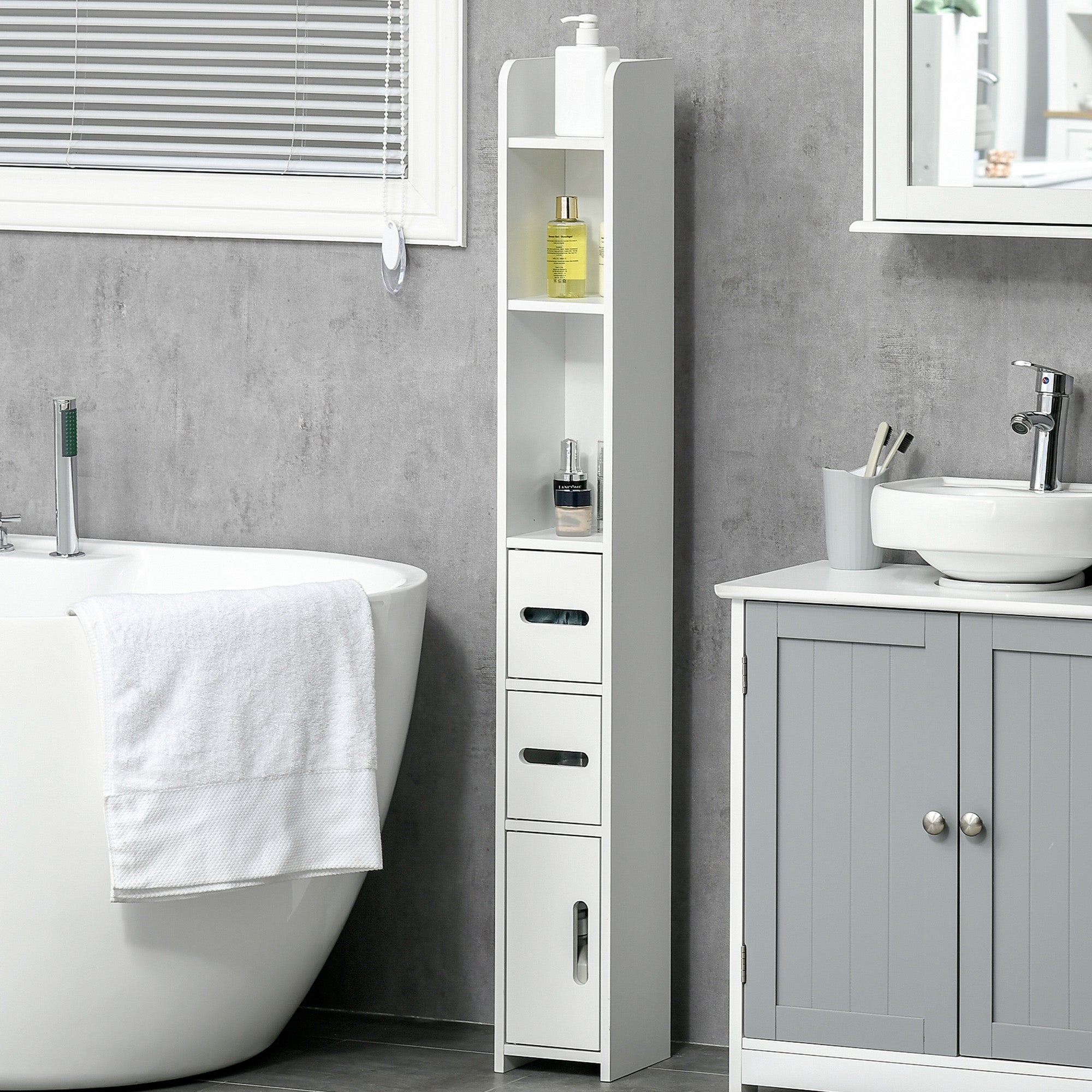 kleankin Modern Bathroom Storage Cabinet, Freestanding Tall Bathroom Cabinet with Open Shelves and 3 Cupboards with Door, for Bedroom Hallway, White - North Peak Garden Furniture