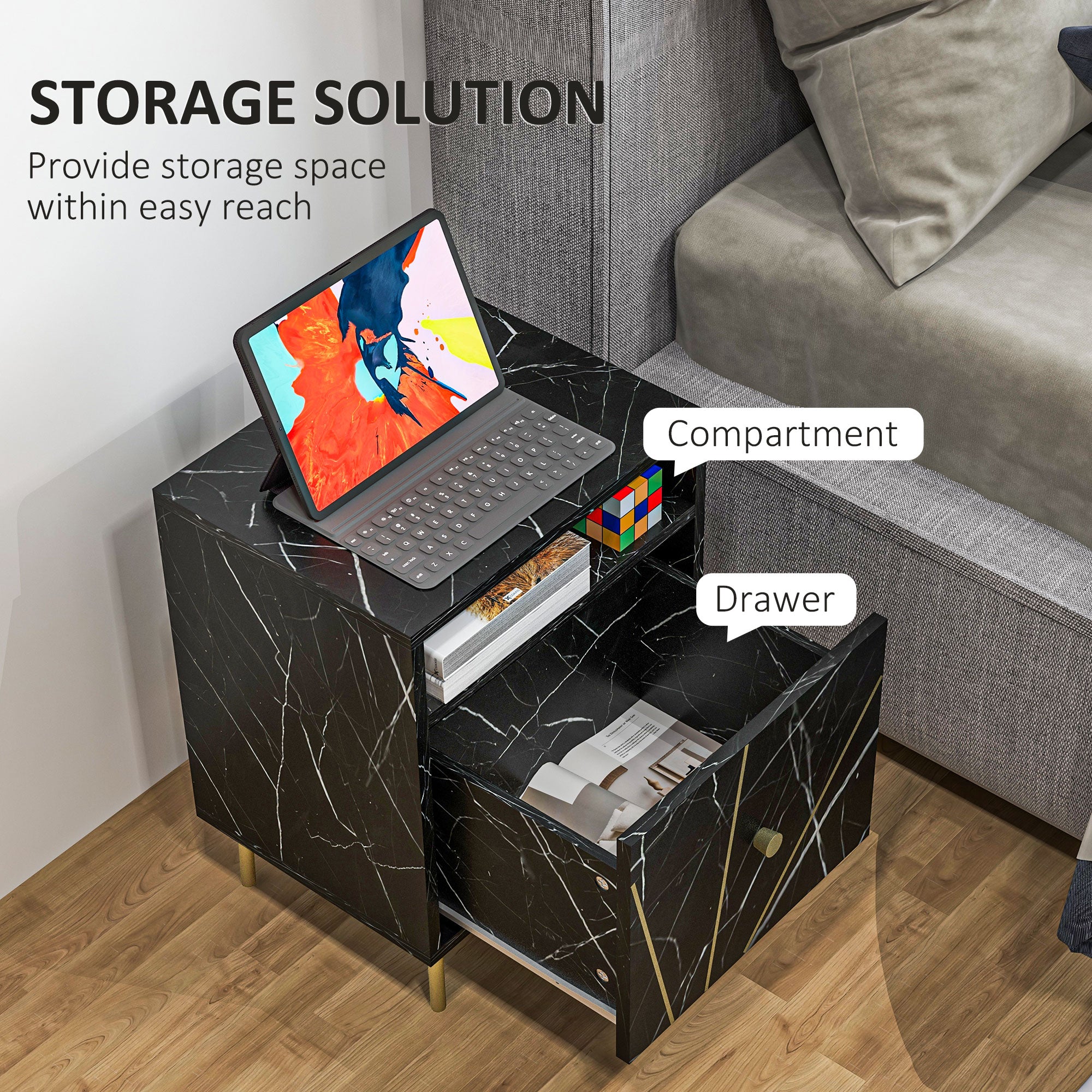 HOMCOM Elegant Bedside with Storage - Black/Gold Tone - North Peak Garden Furniture