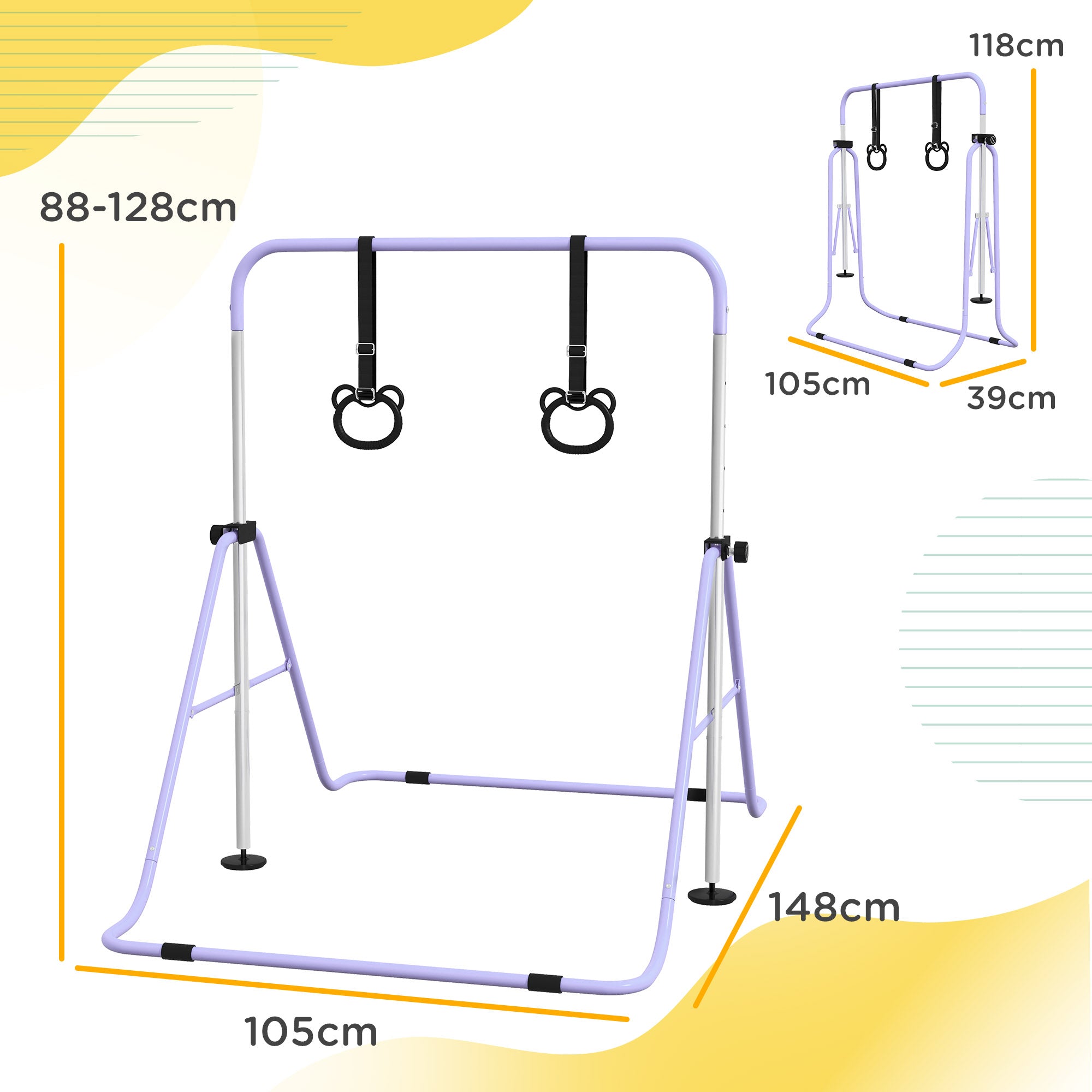 HOMCOM Adjustable Height, Foldable Kids Gymnastics Bar w/ Non-Slip Mats, for 3+ Years, Purple