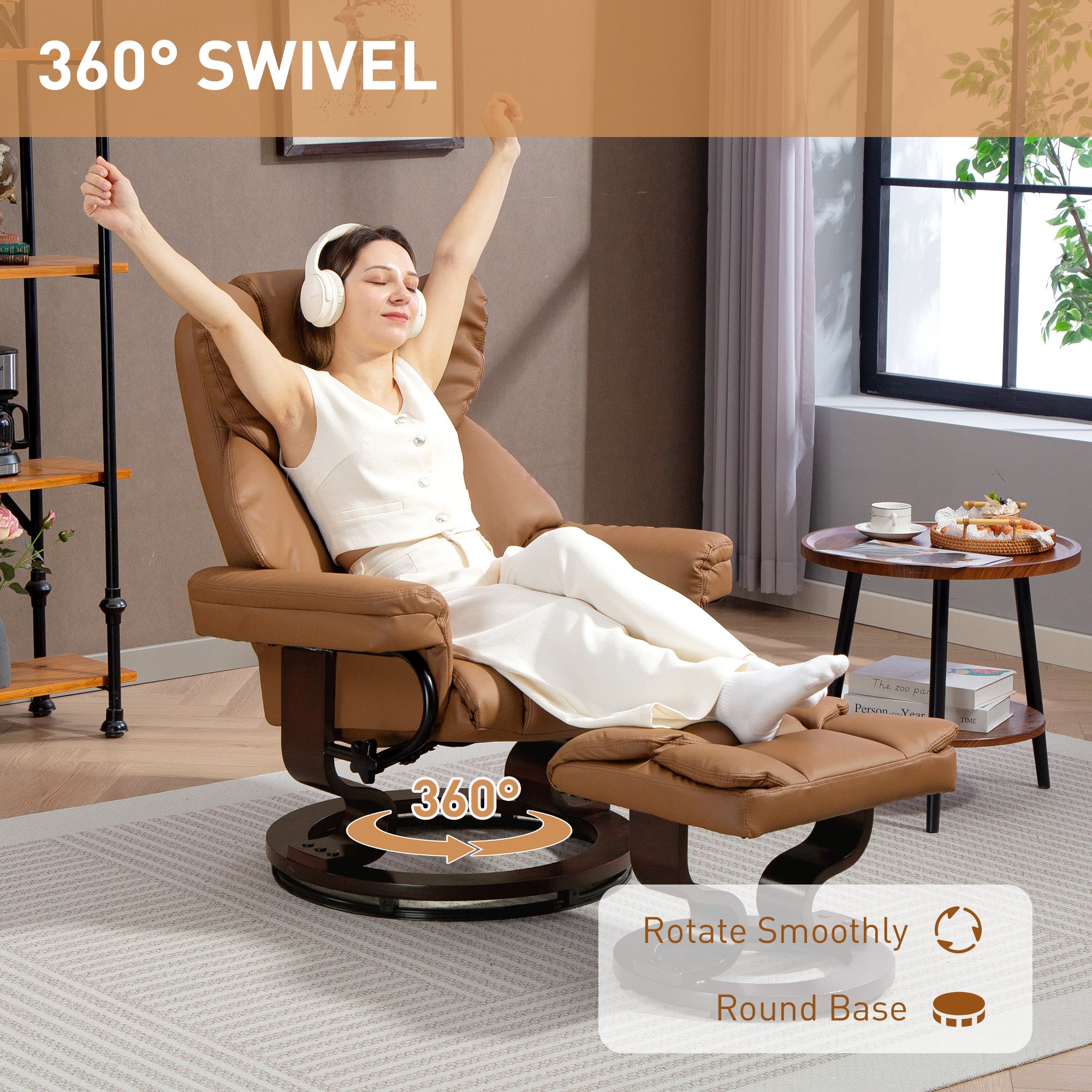 HOMCOM 360° Swivel Recliner Chair with Footstool, PU Leather Manual Recliner Armchair with Footstool, Solid Wood Base, Upholstered Reclining Chair for Living Room, Bedroom, Office, Brown