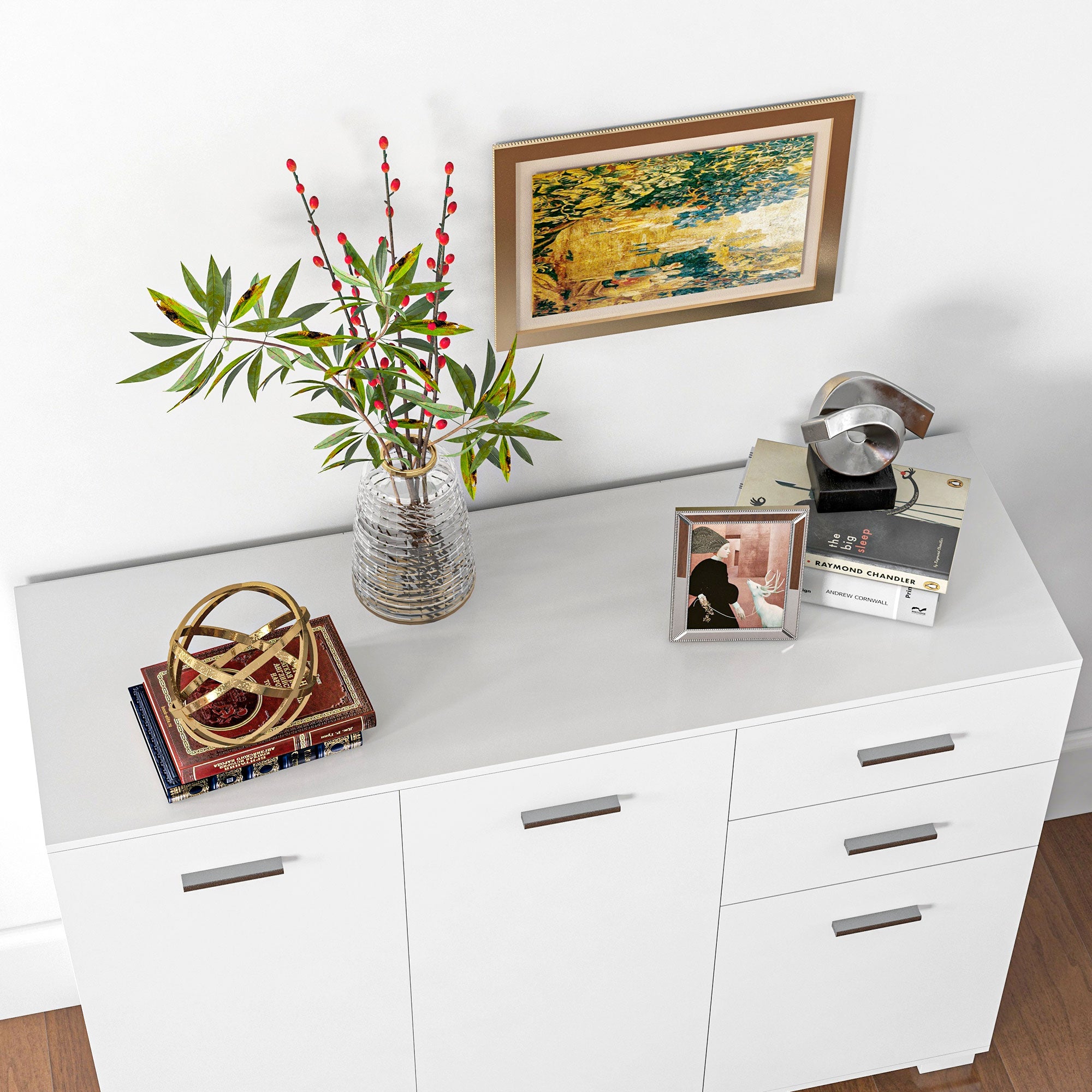 HOMCOM Sideboard, Modern Storage Cabinet with 2 Drawers, 3 Doors and Adjustable Shelves, Kitchen Cabinet for Living Room, Dining Room, High Gloss White - North Peak Garden Furniture